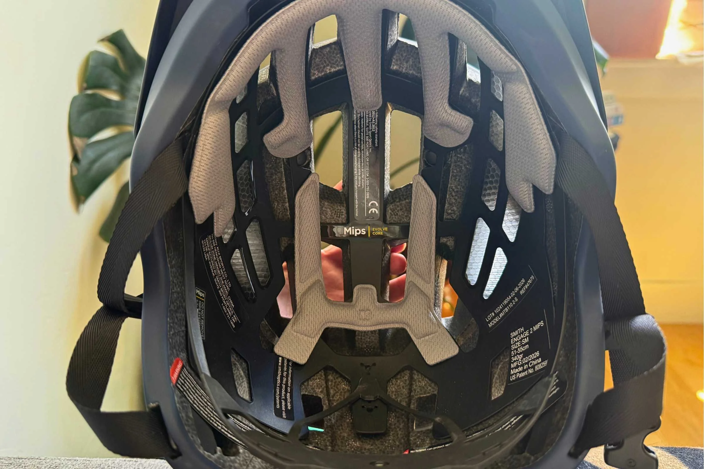 A closeup view of the inside of the Smith Optics Engage Mips MTB helmet's impact protection system.