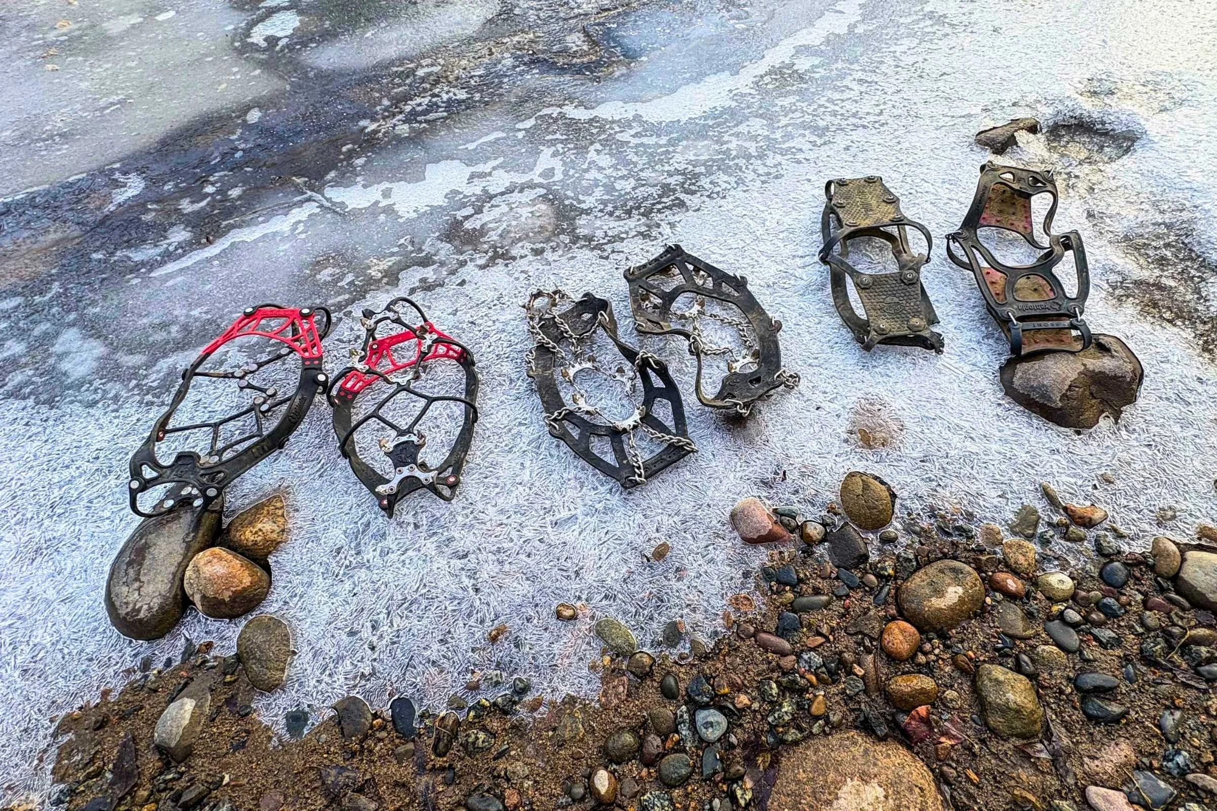 traction devices lined up in the snow