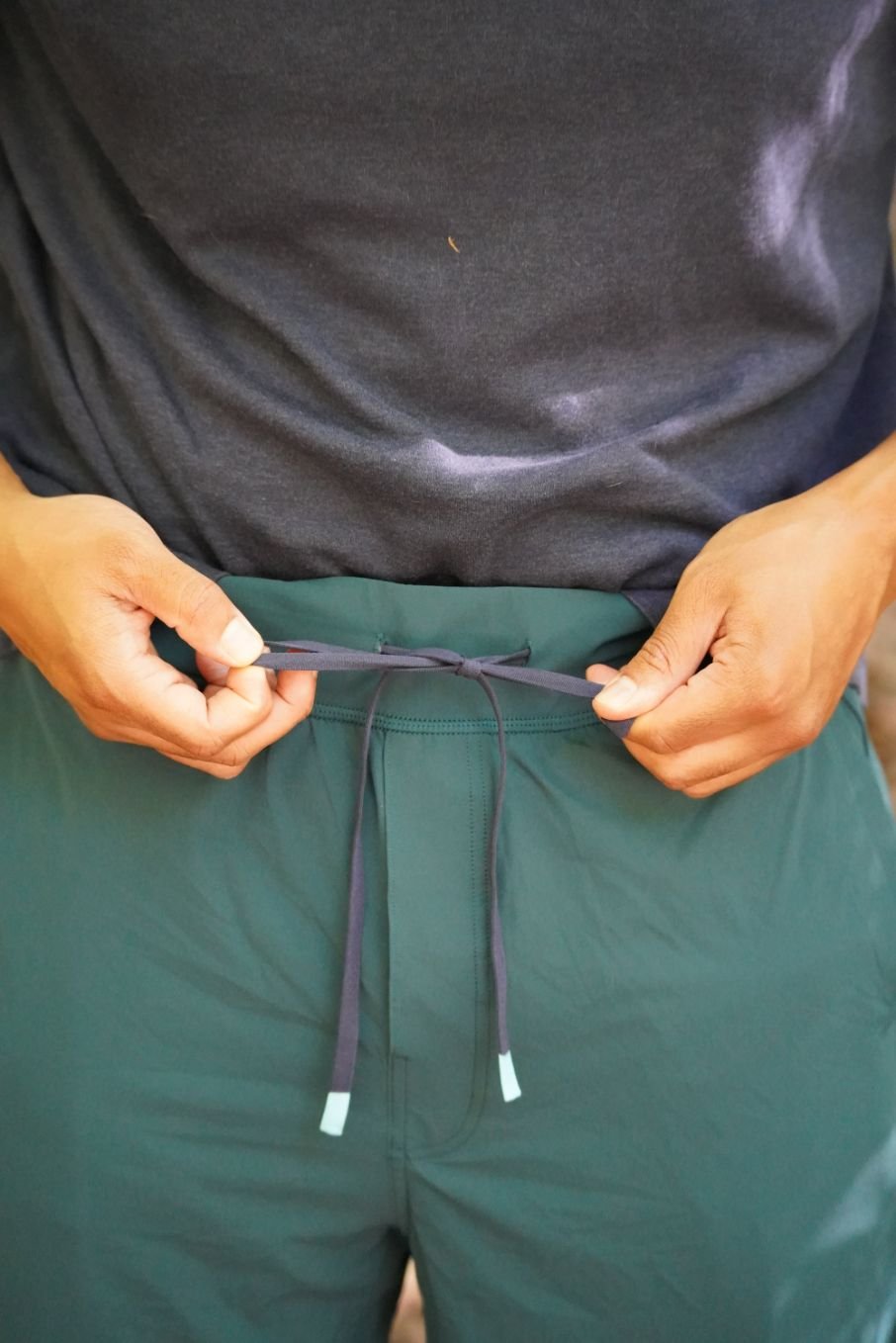 A close-up of the drawstring of the Cotopaxi Veza Adventure pants
