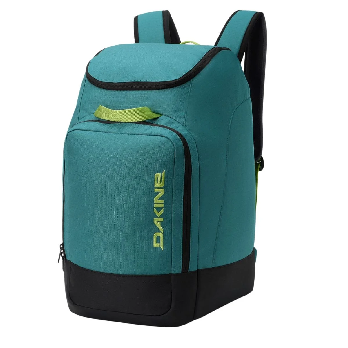 Green Dakine 50L Boot Pack with a black base and front zippered pocket