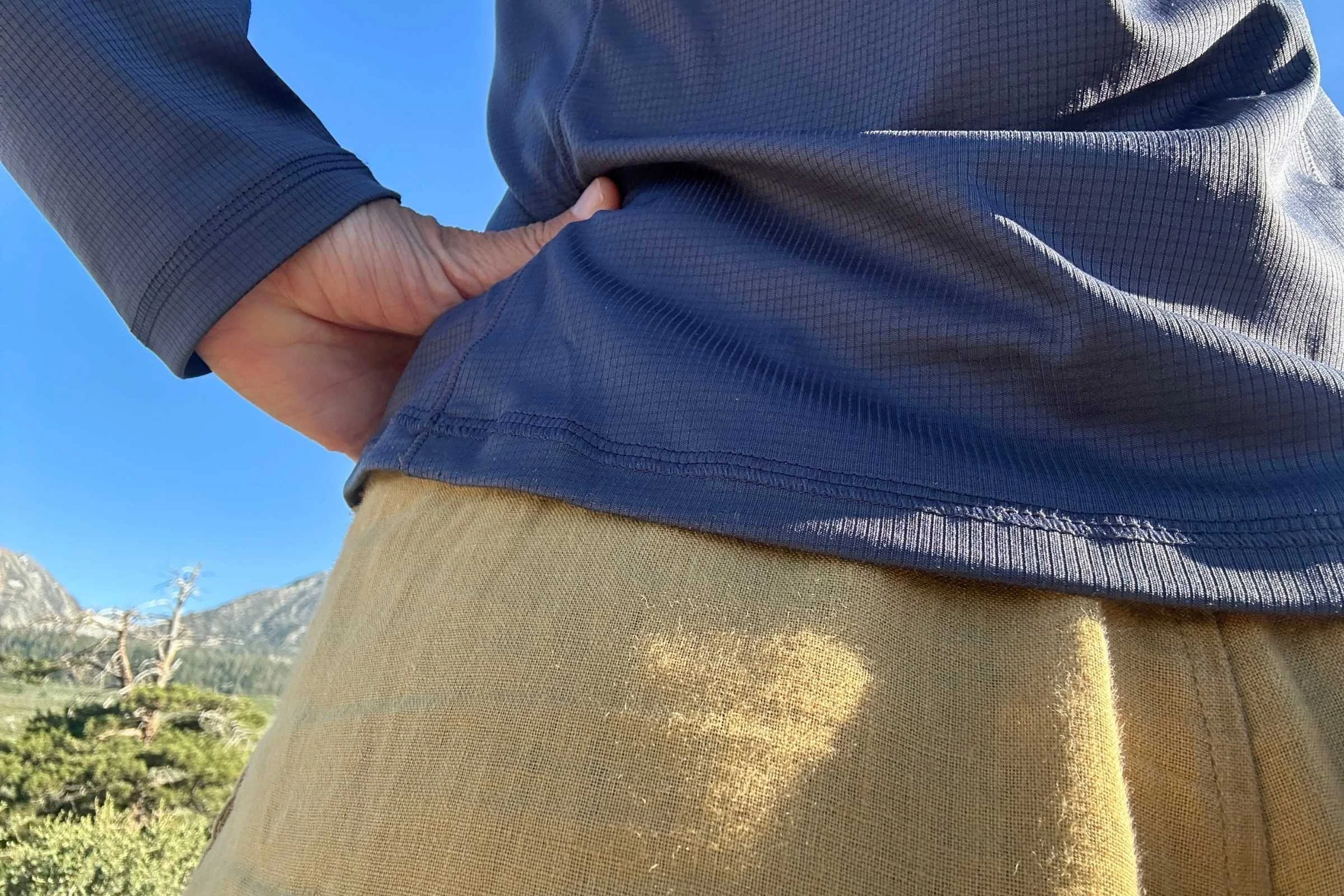 Close-up on the microgrid material on the REI Flash Shade Hoodie.