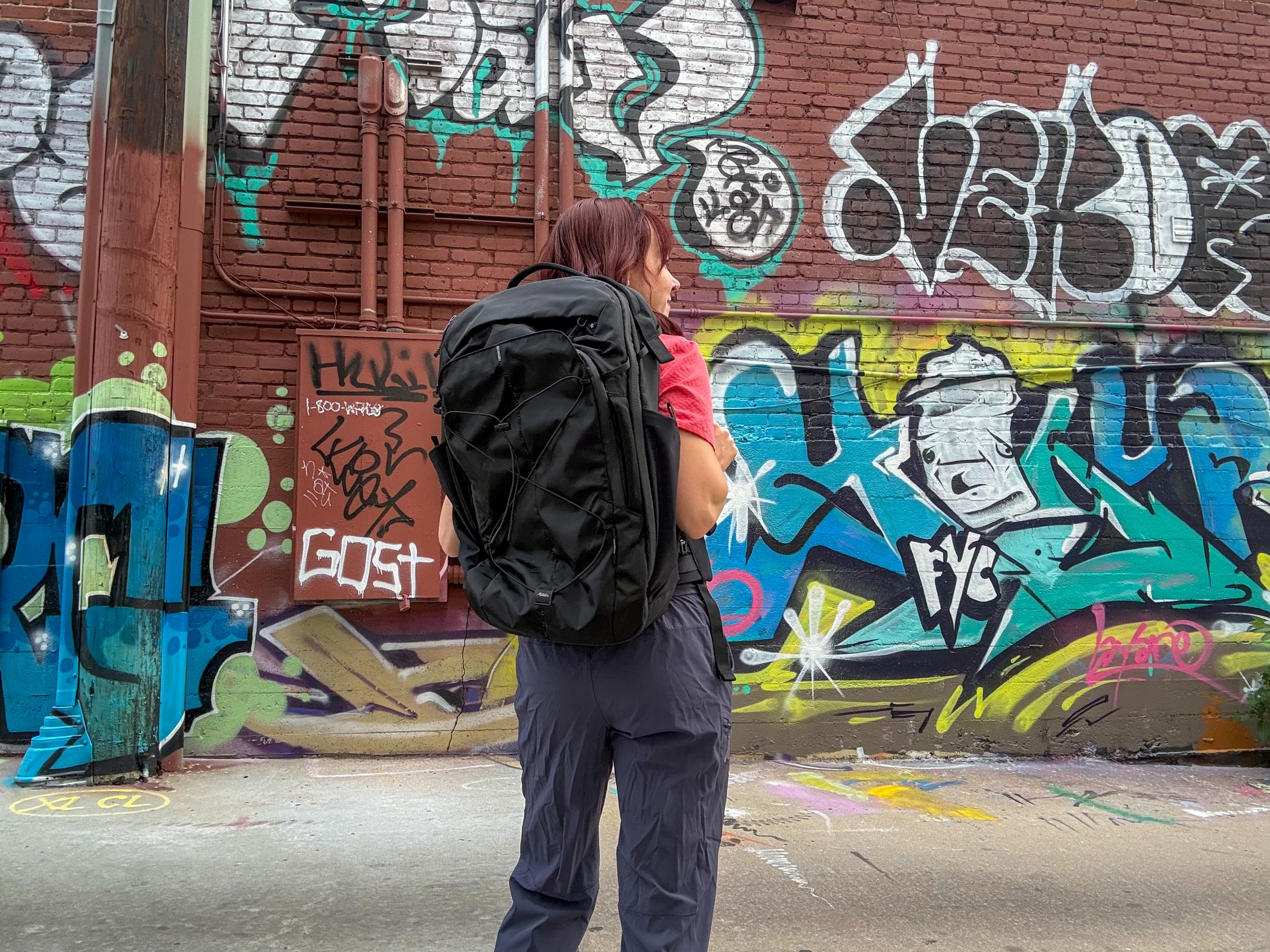 The author with the Matador pack on her back in a city-scape