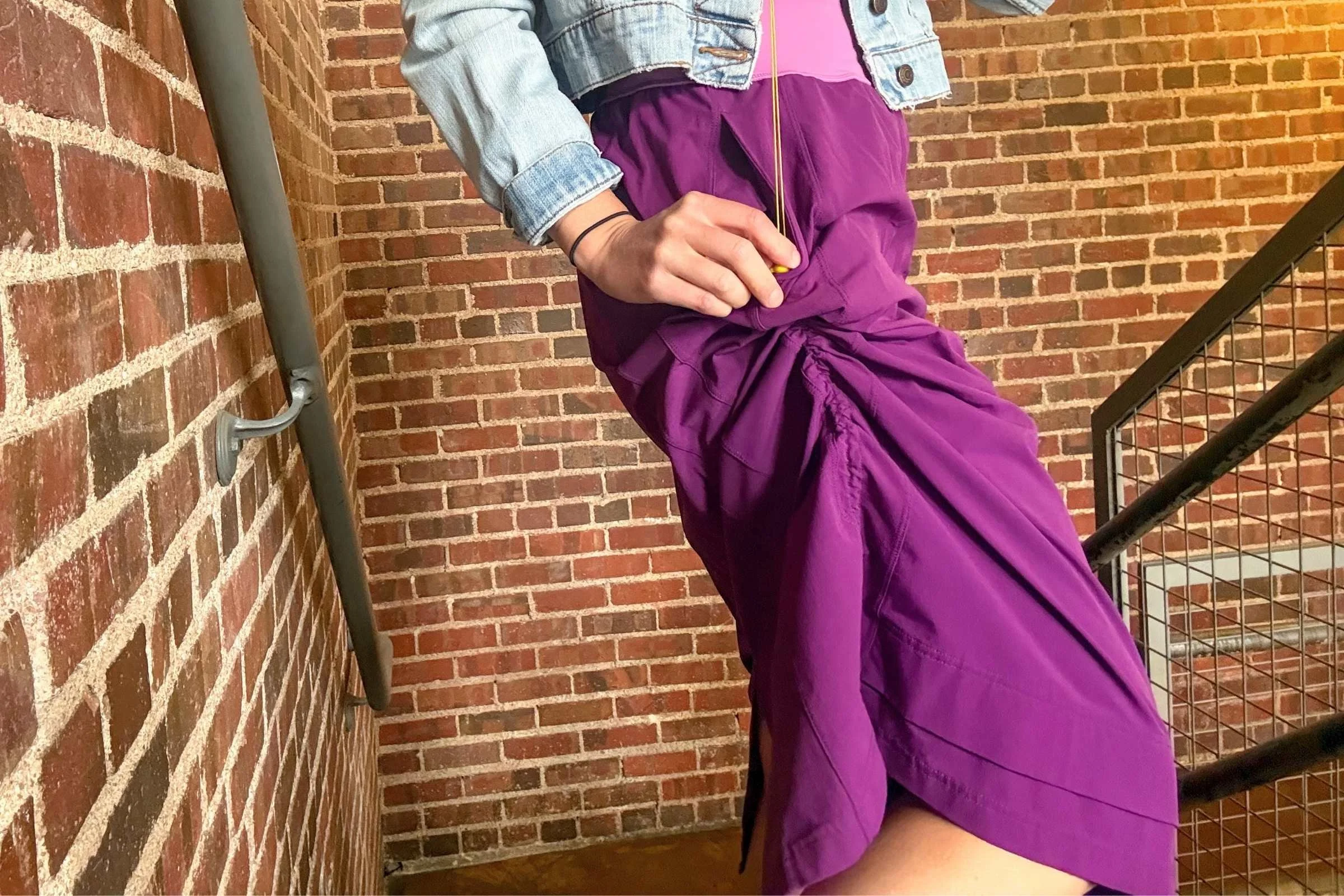 We like how easy the Title Nine Limitless Midi Dress is to cinch up the skirt hems for walking up stairs.