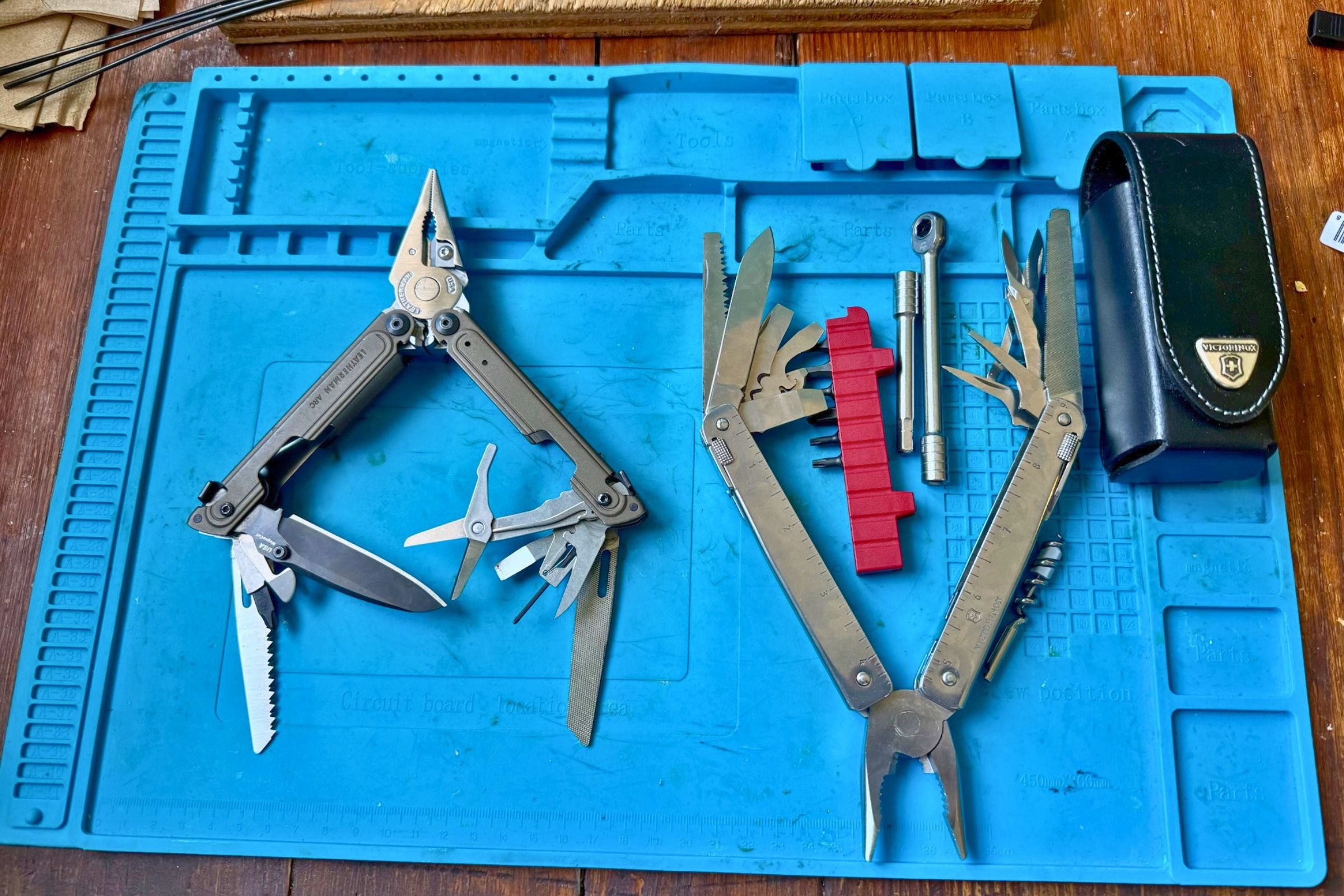 The Leatherman ARC next to the Victorinox Swiss Tool X Plus Ratchet. The ease of use and tool selection put the ARC over the Swiss Tool X, though the latter has more tools. Courtesy Chris Meehan