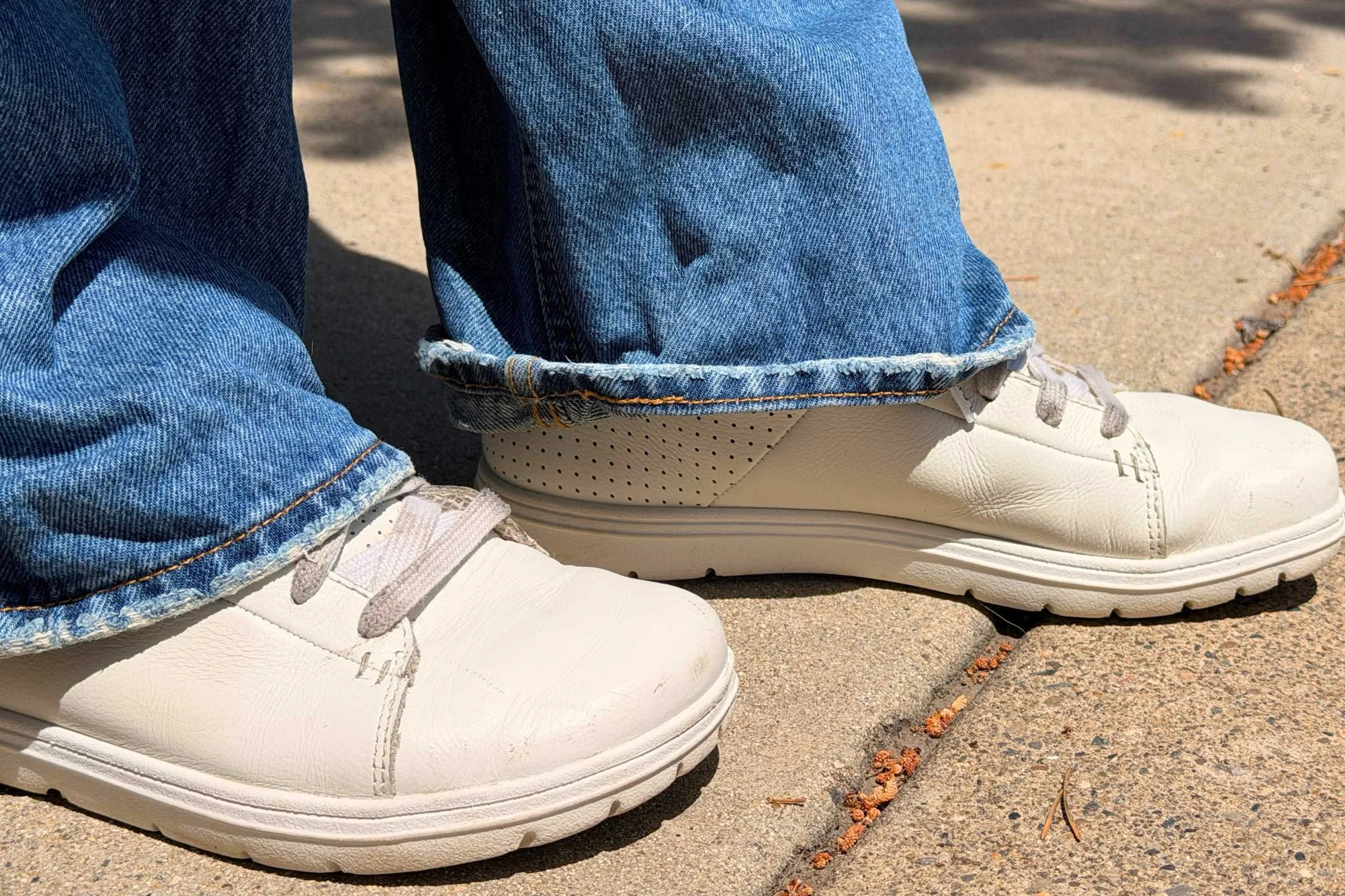 Feeling cool wearing wide leg jeans with the leather Lems Kourt.  Photo courtesy Maggie Nichols