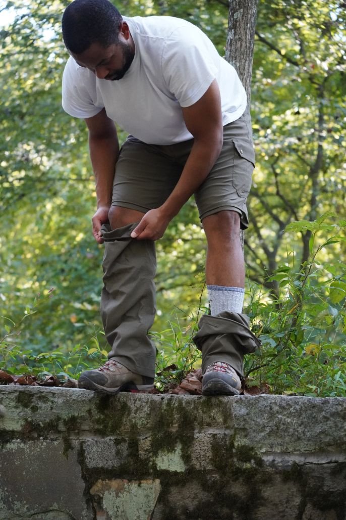 The author removing the legs of the Kuhl Renegade convertible hiking pants