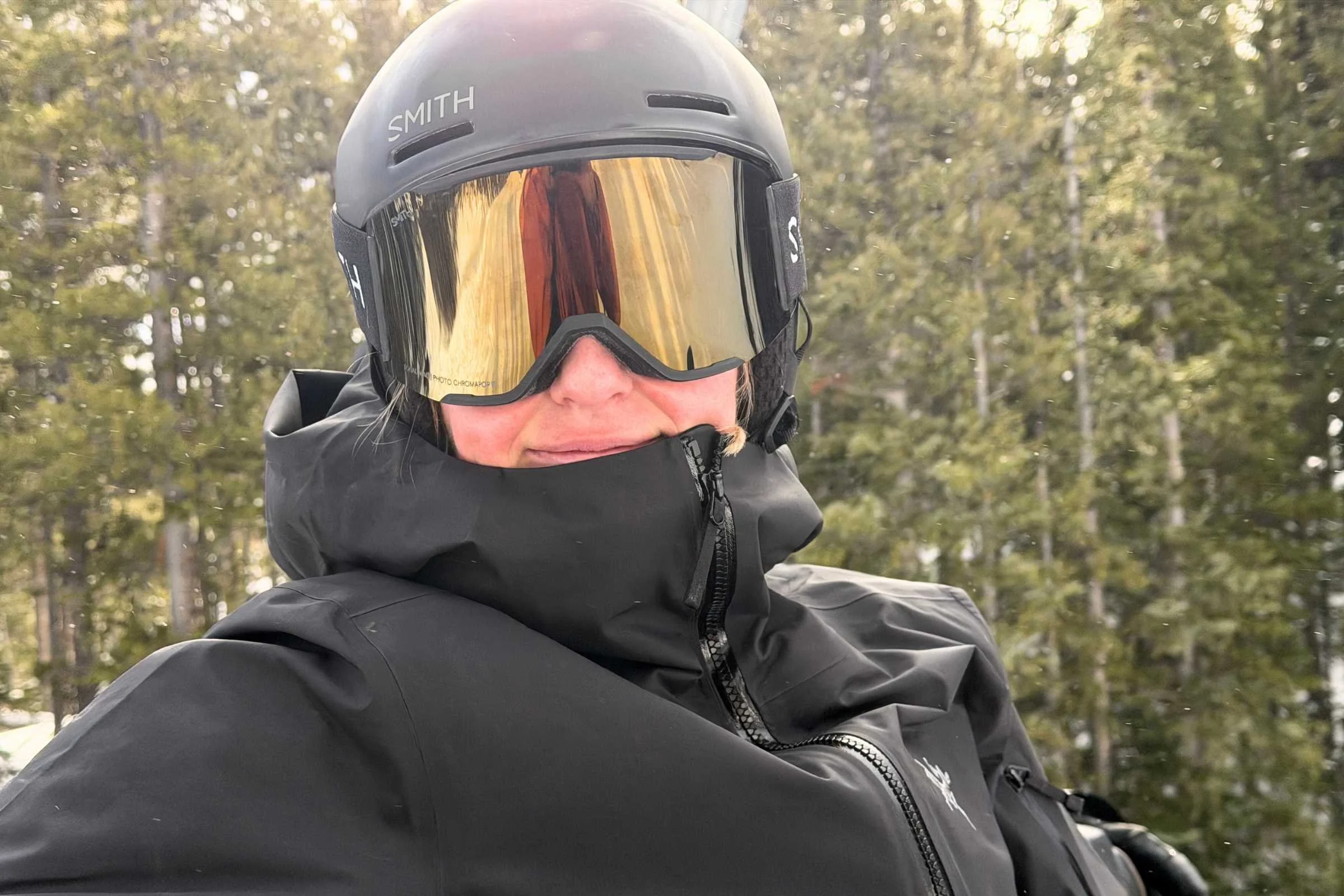 The author using the gold mirror photochromic lens on the Squad MAG on a partly cloudy day at Breckenridge Resort.