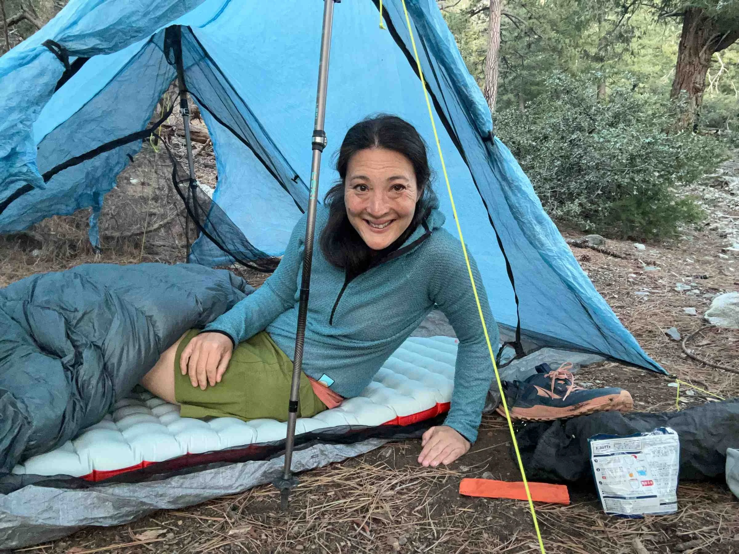 Treeline editor liz Thomas in the Zpacks Duplex on a quick overnighter in the San Gabriel mountains.
