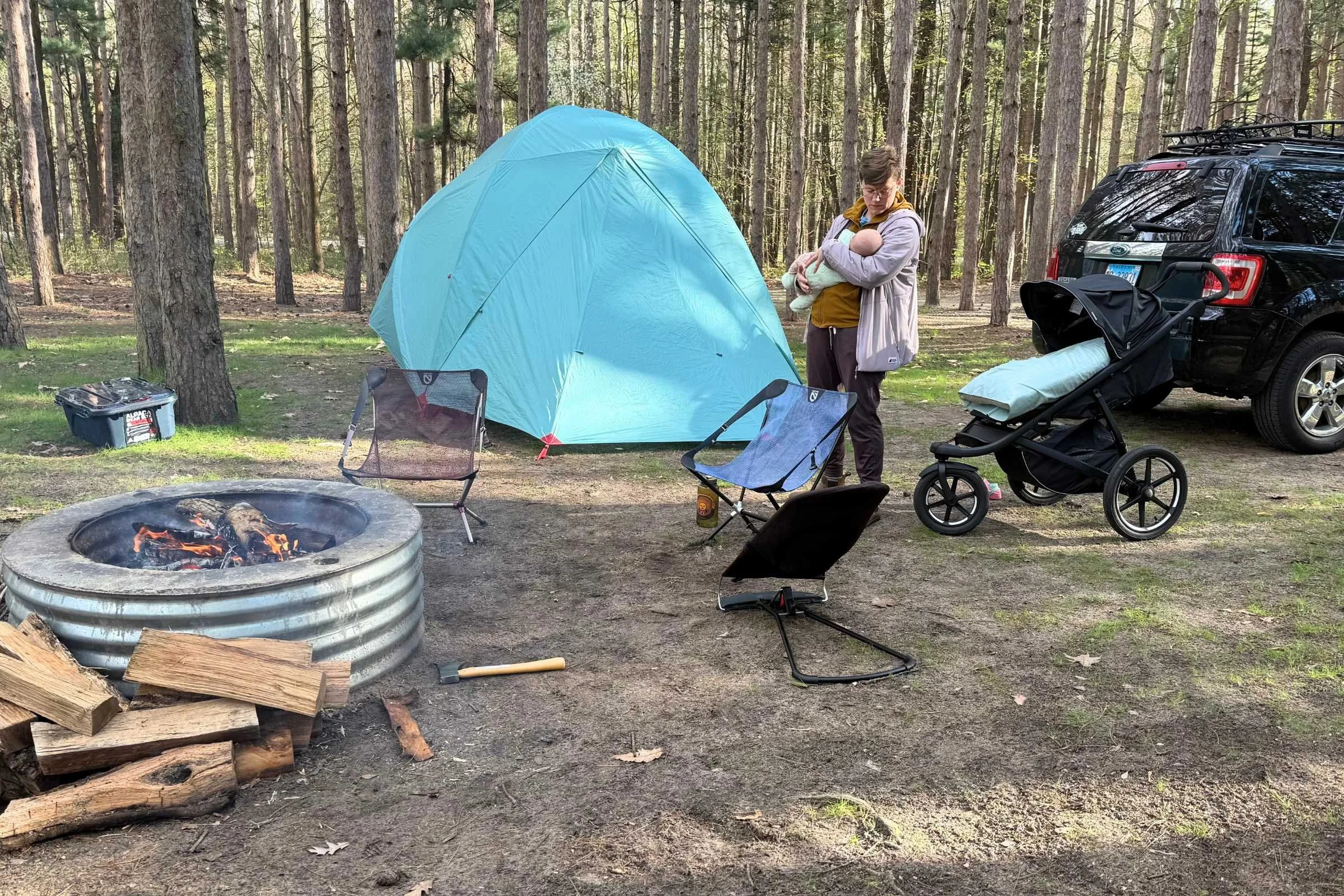 Thule Urban Glide 3 stroller parked at the campsite with Erica’s family. Photo courtesy Erica Zazo