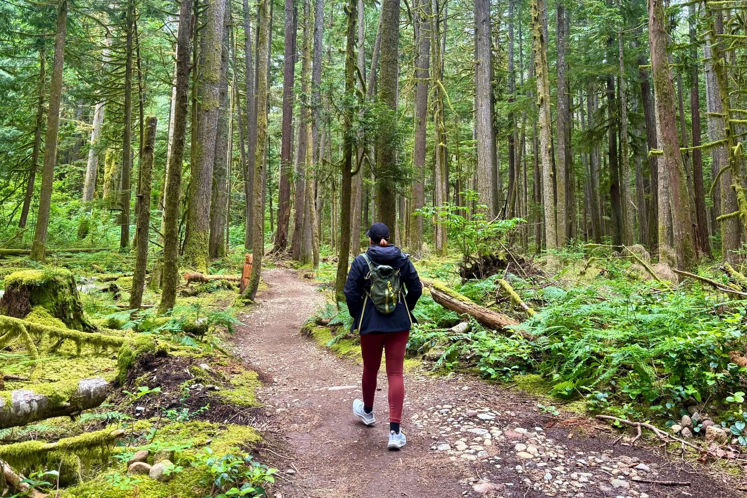 A woman wearing the On Cloudhorizon 2 hiking shoes on a heavily forested trail in Squamish, B.C.