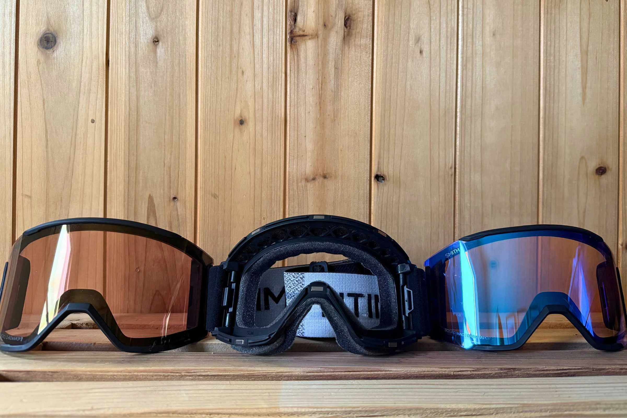 The Squad MAG frames with the gold mirror photochromic lens on the left and the included low light lens on the right.