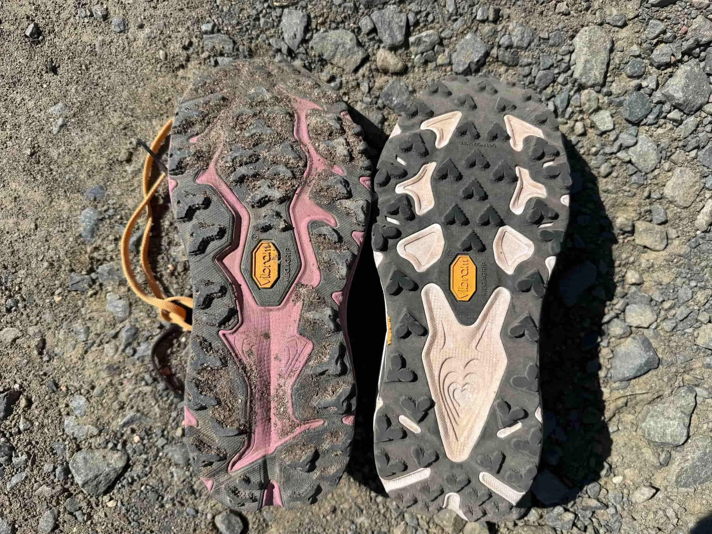 Comparing the Vibram MegaGrip outsole on a HOKA Speedgoat with 300+ miles on the left and a newer pair of HOKA Speedgoat trail running shoes.