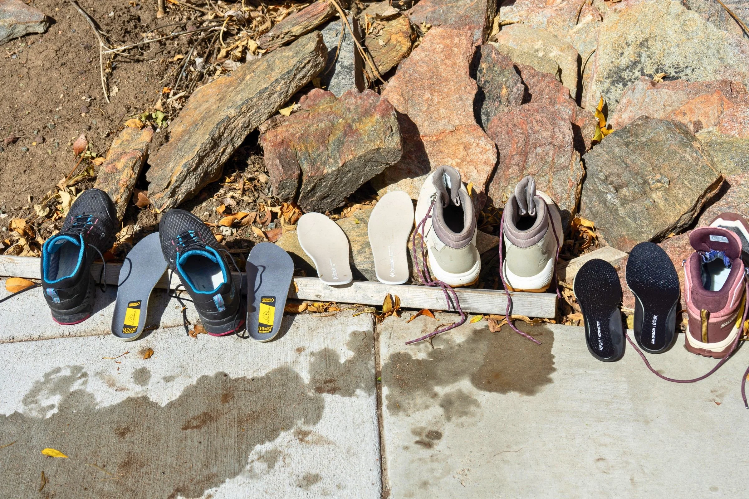Testing the waterproofness of all the boots we tested. You can see the insoles of several wet boots here.