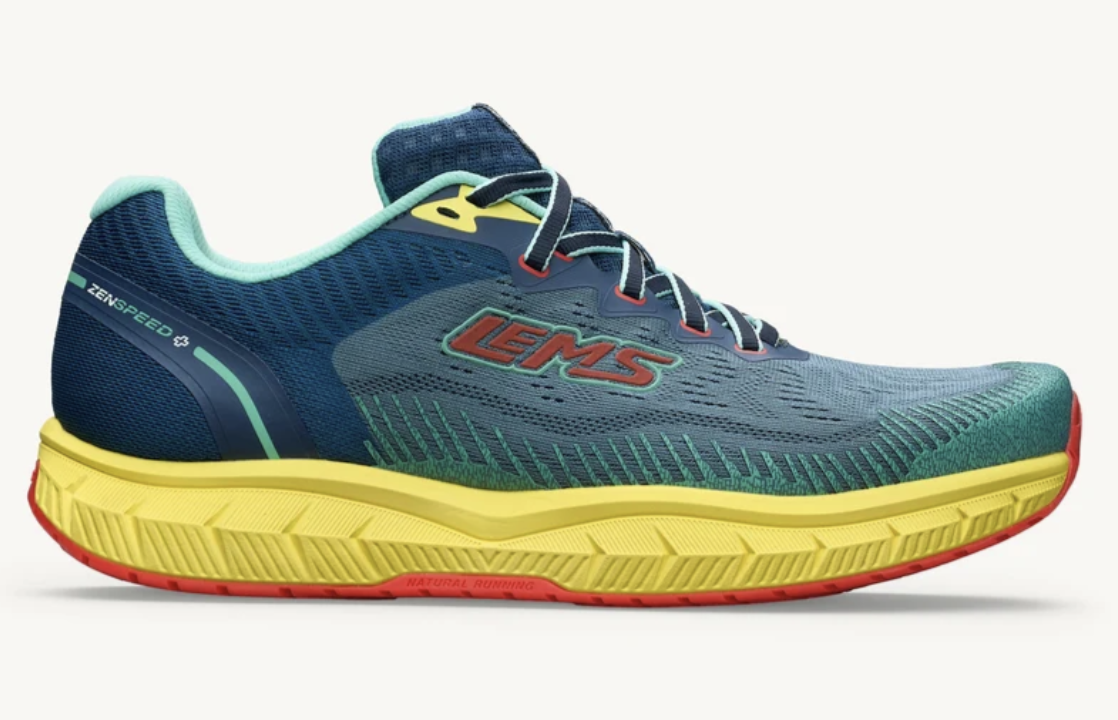 The Lems ZENSPEED+ running shoes in blue with yellow midsole and red sole.