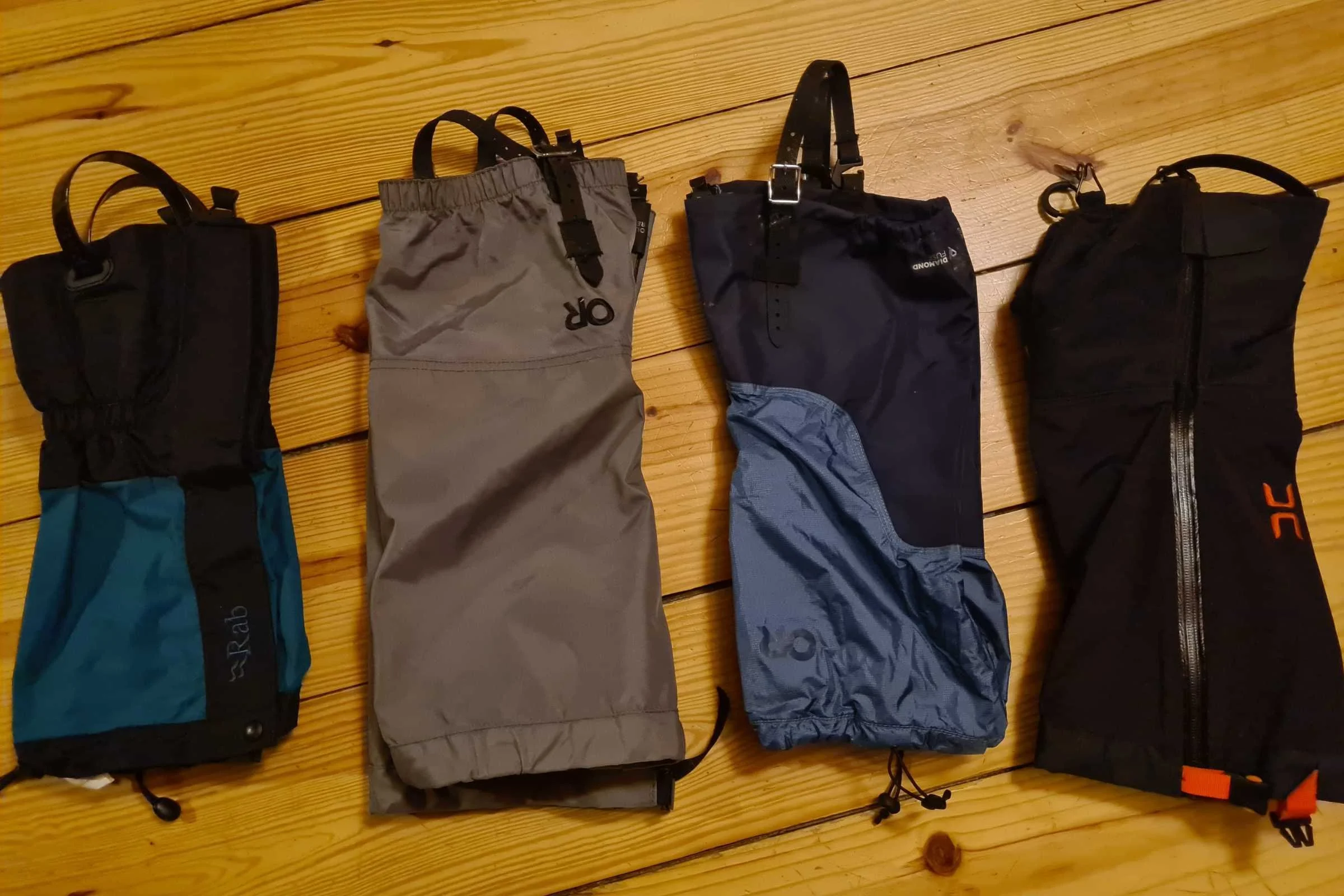 The hiking gaiters we tested laid out in a row
