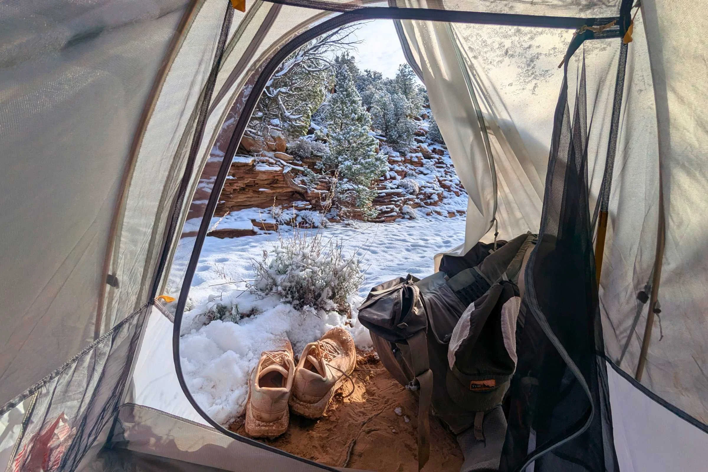 View out the Mountain Hardwear Nimbus UL tent looking to snowy outside