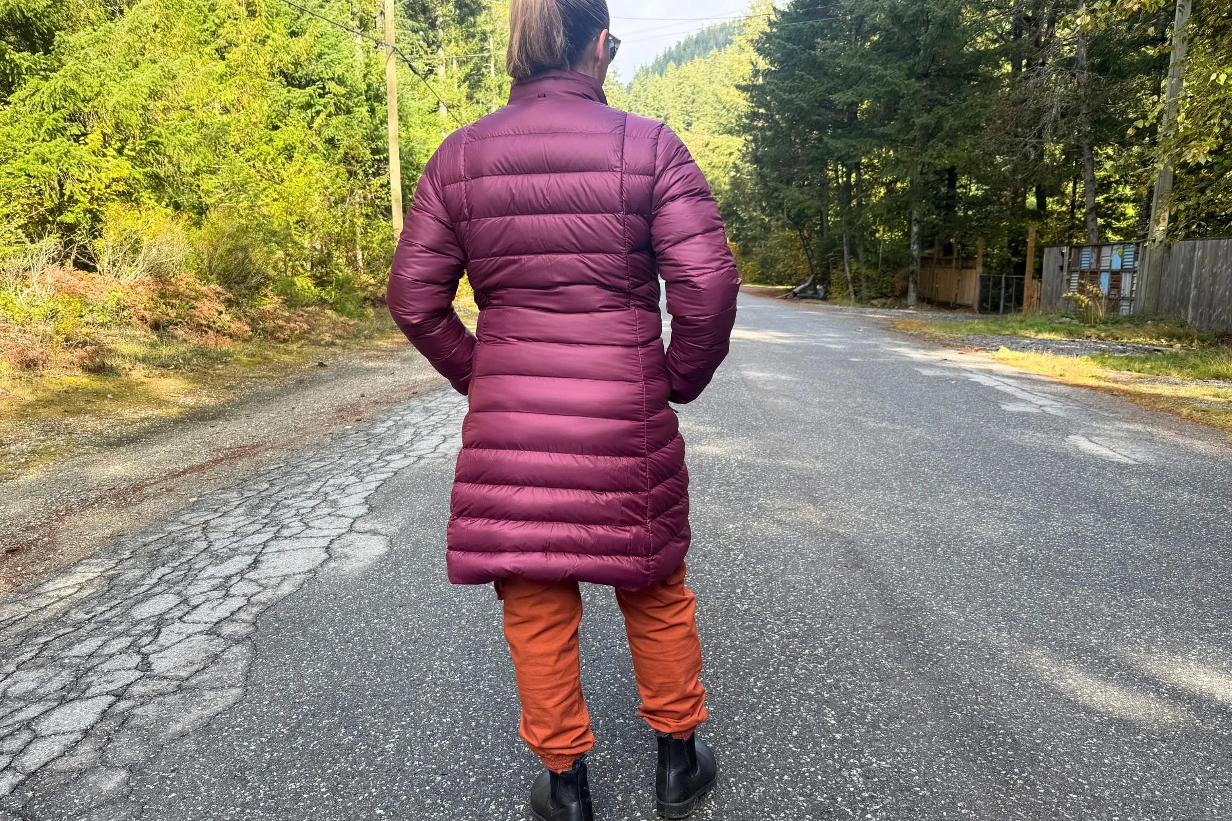 The women’s down liner jacket extends to above the knee for excellent coverage.