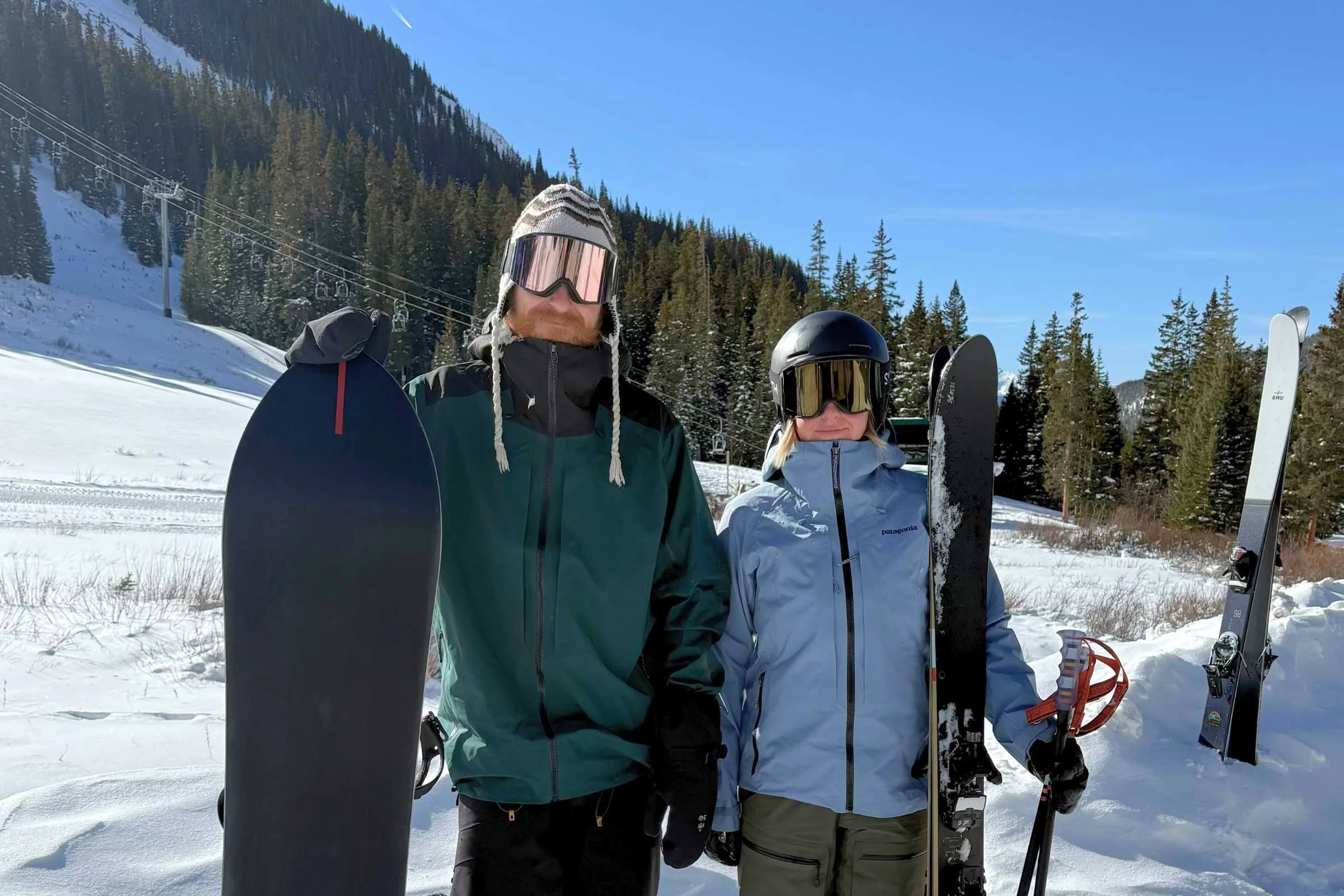 The author (right) in the gold mirror photochromic lens and another Treeline tester in the rose gold mirror lens, both wearing the Squad MAG goggles.