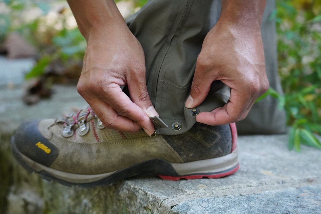 A close-up of the ankle snaps on the Kuhl Renegade hiking pants