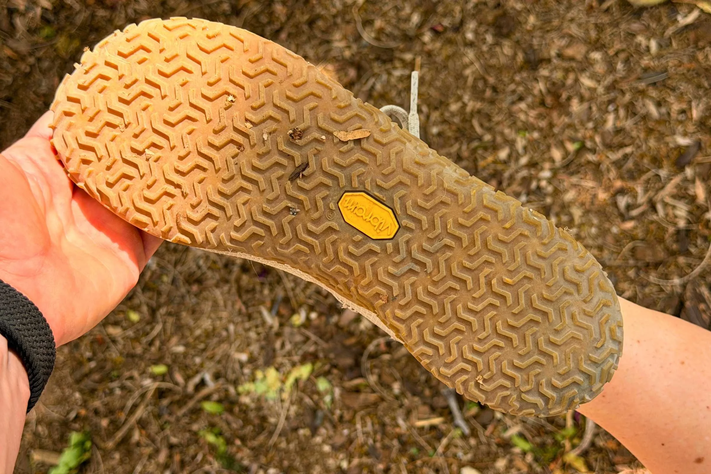 A view of the Merrell Trail Glove 7 tread shows fine lines that have a tendency to collect small rocks. Photo courtesy Maggie Nichols