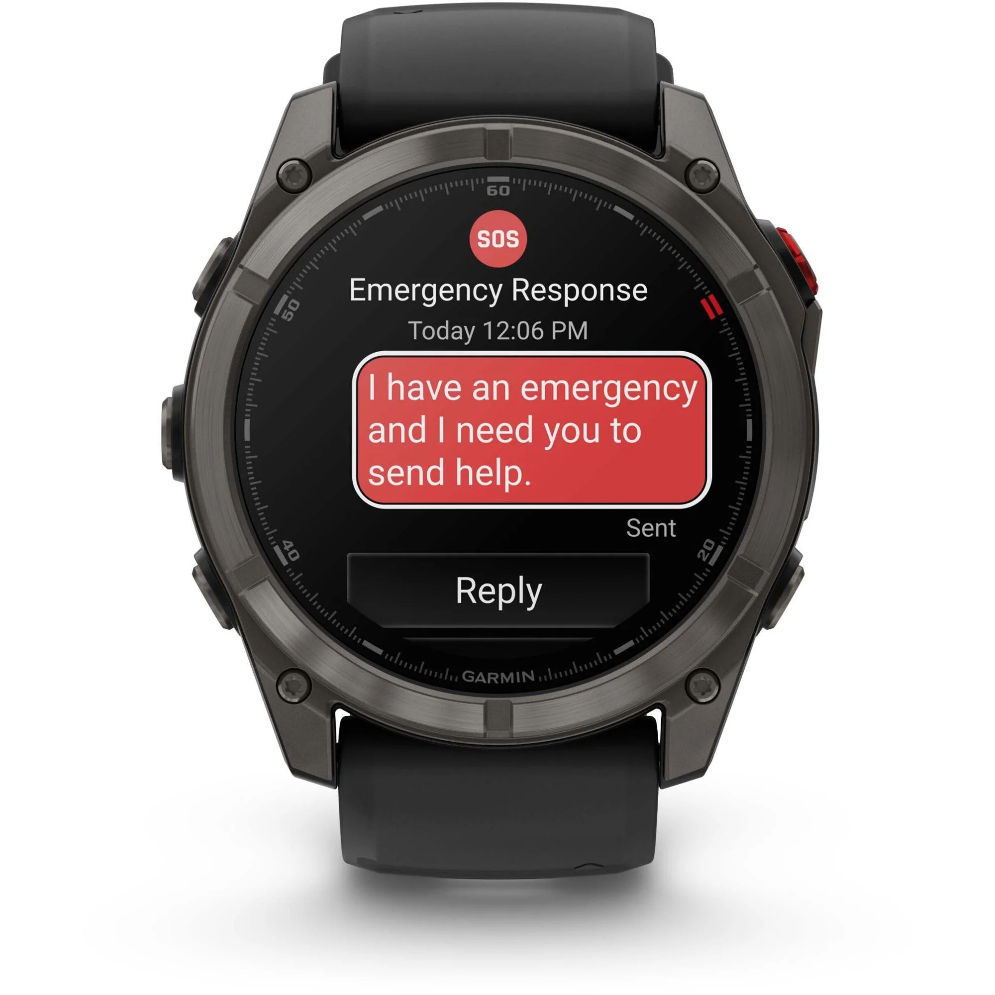 The Garmin fenix 8 Pro AMOLED hiking watch with the SOS emergency response screen