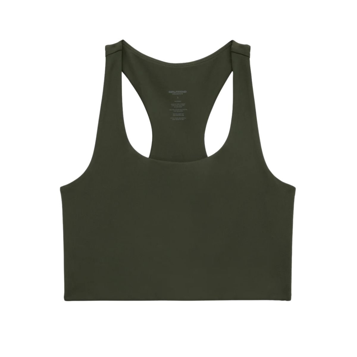 The Girlfriend Collective Paloma Racerback Bra in army green.