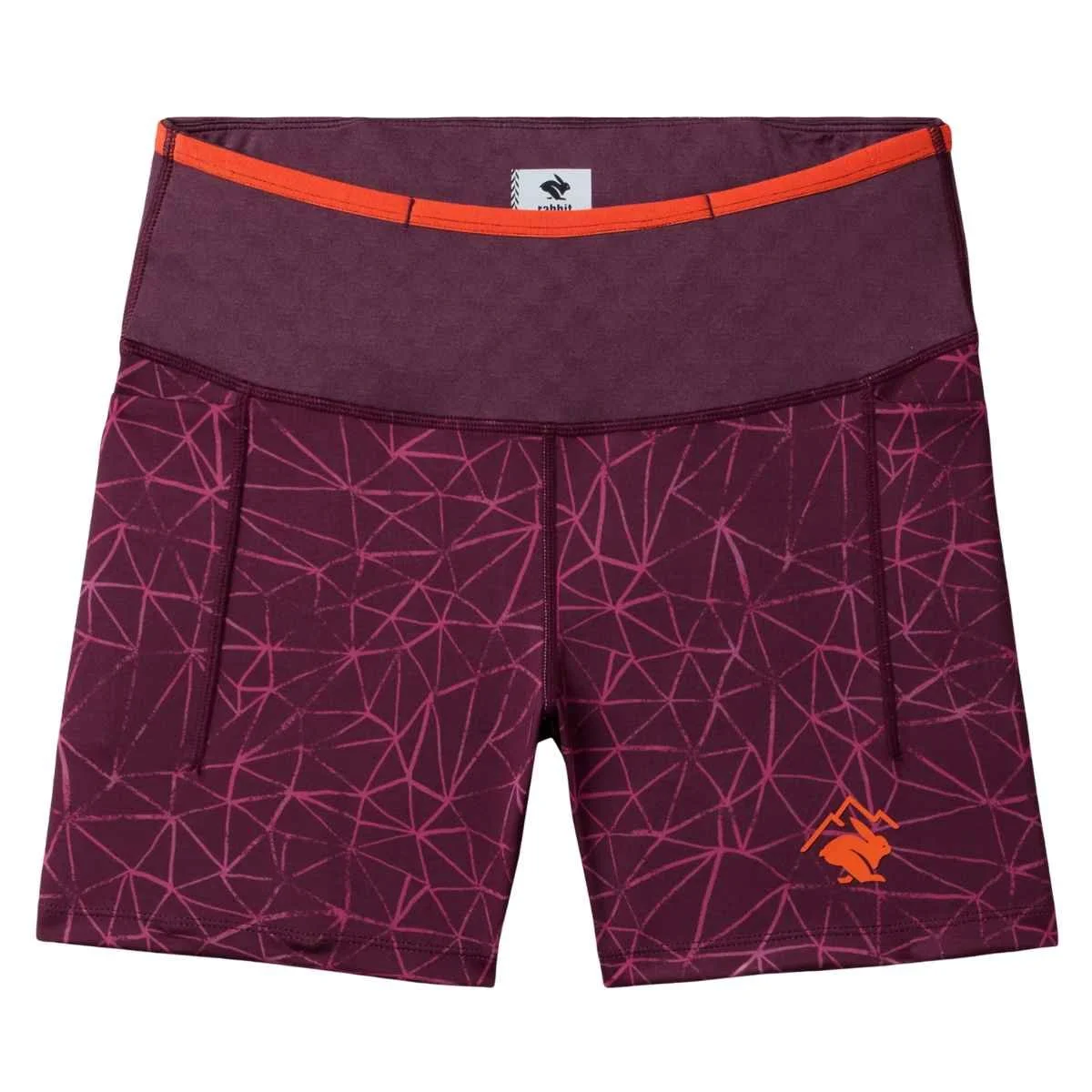 rabbit Leggy Smashems shorts in a mulberry color with orange accents