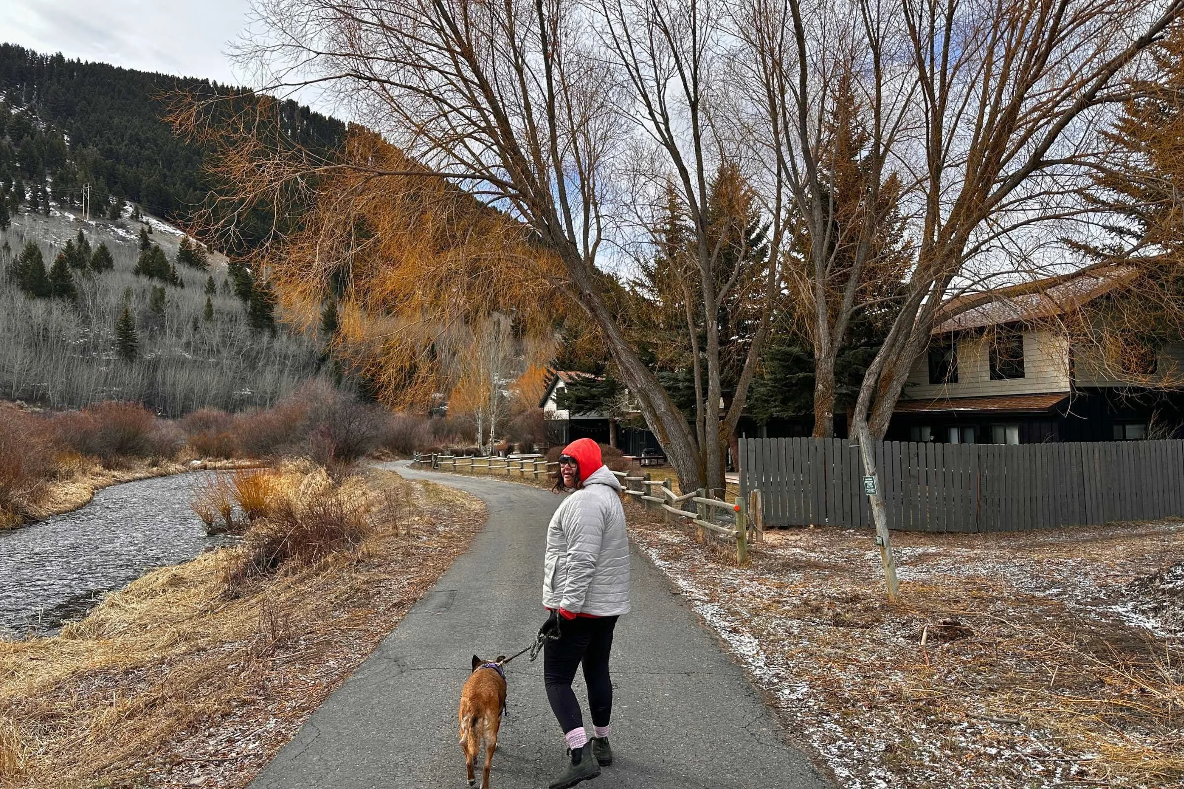 Wearing the women’s REI Microtrek hoodie while walking the dog.