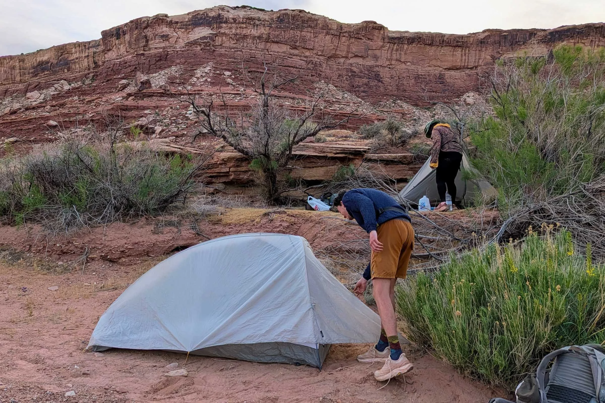 Backpacker peering into the Mountain Hardwear Nimbus UL tent in the desert