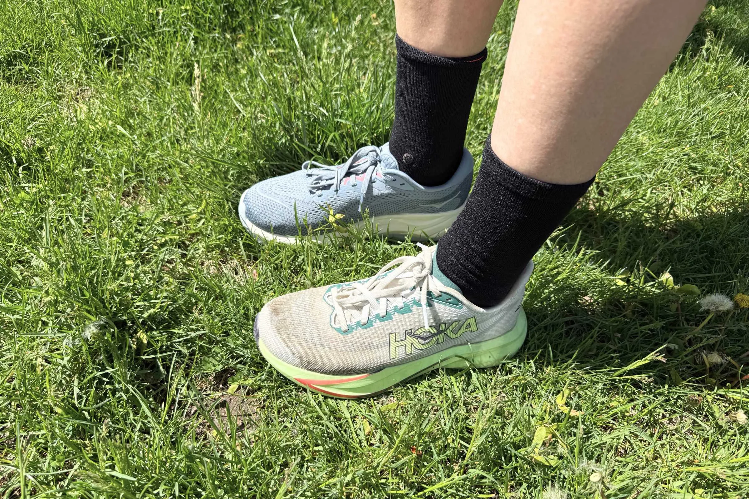 We tested the HOKA Mach 7 (left foot) alongside the HOKA Rincon 4 (right foot).