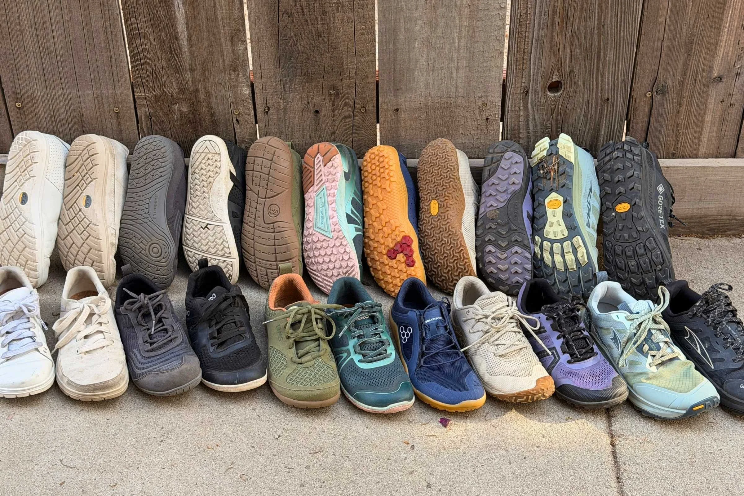 Group image of barefoot shoes showing the outsole and uppers of each shoe tested