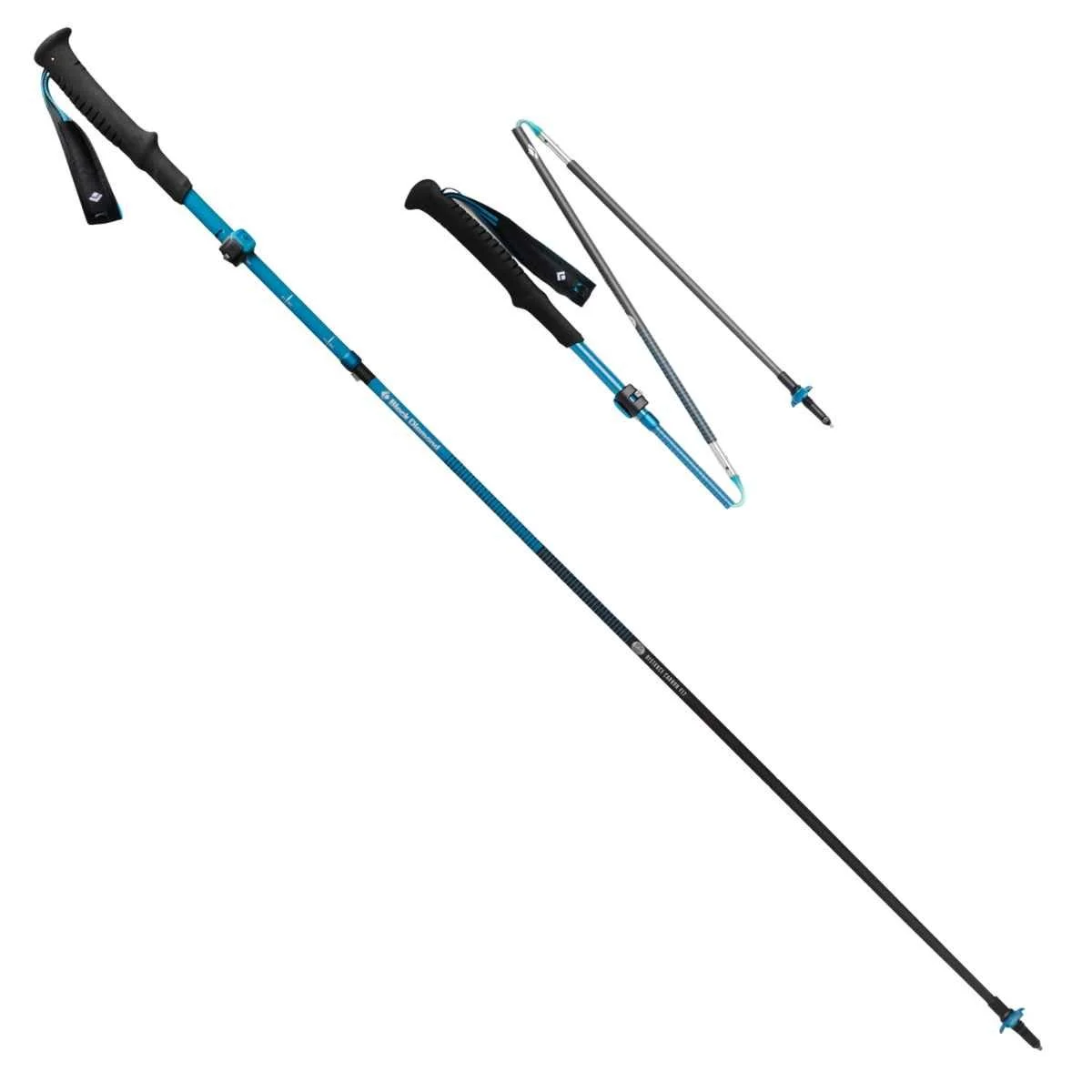 The Black Diamond Distance Carbon FLZ trekking poles -- one fully deployed and one folded up
