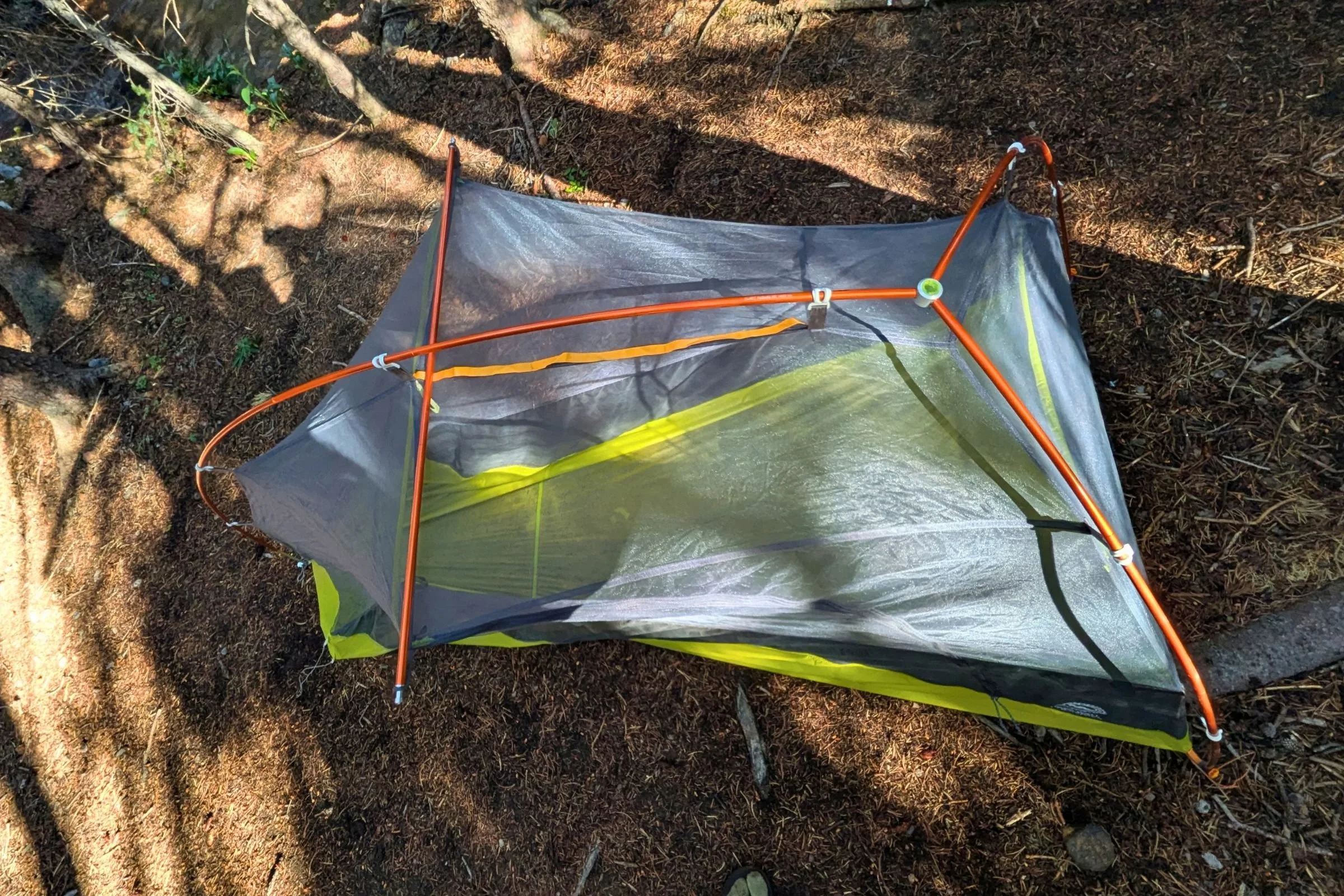An overhead view of the Big Agnes Tiger Wall UL1 Bikepack Tent without it's rainfly.