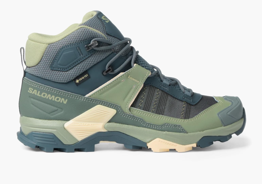 the Salomon X Ultra 5 GTX women's boot in green and blue