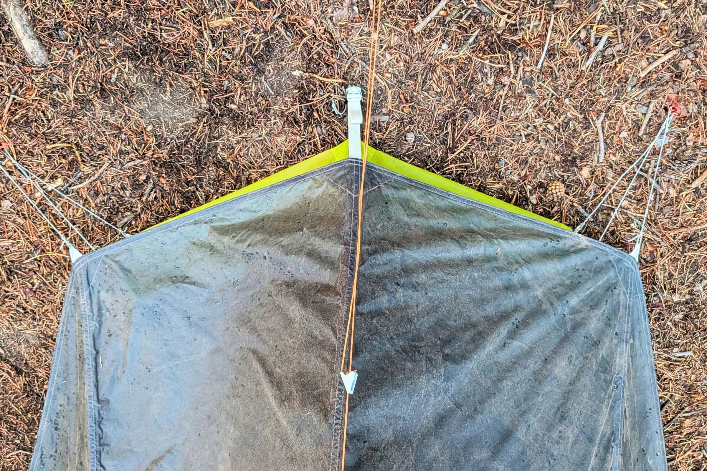 A closeup of the secondary guy-out points of the Big Agnes Tiger Wall UL1 Bikepack Tent.