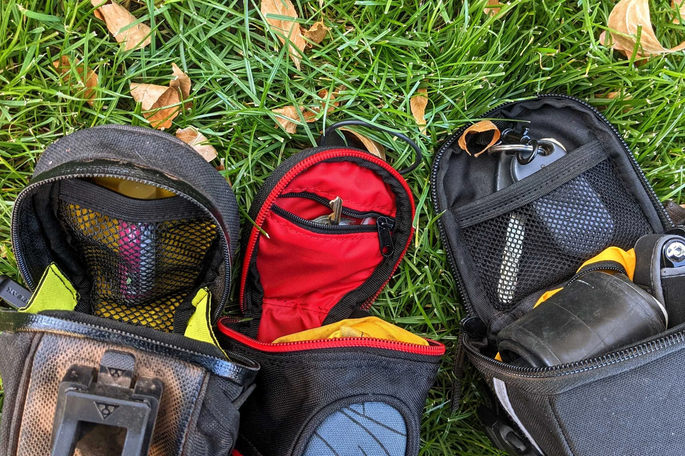 A line-up of the saddle bags with pockets