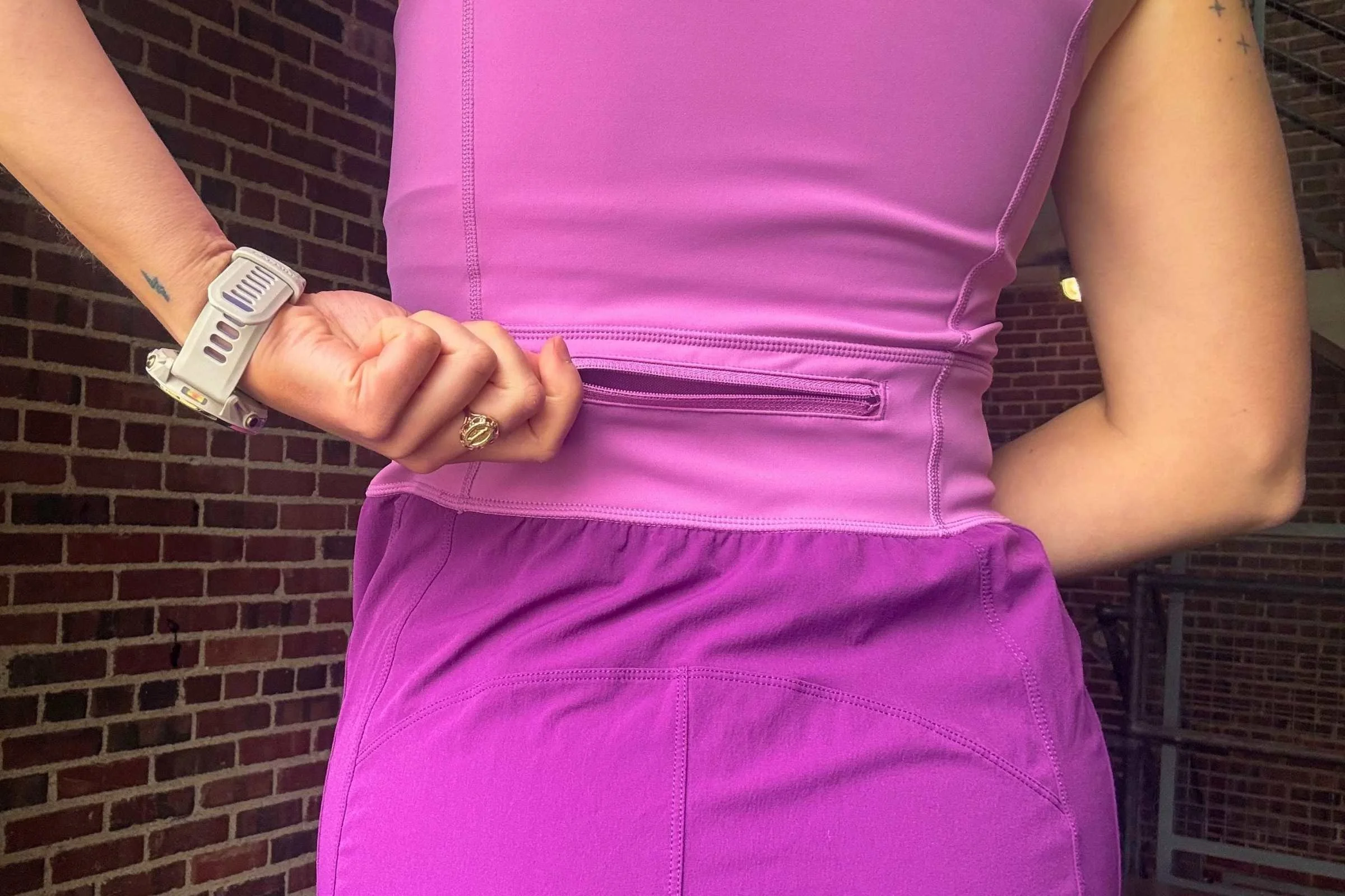 Back zippered pocket on the Title Nine Limitless Midi Dress for stowing small items.