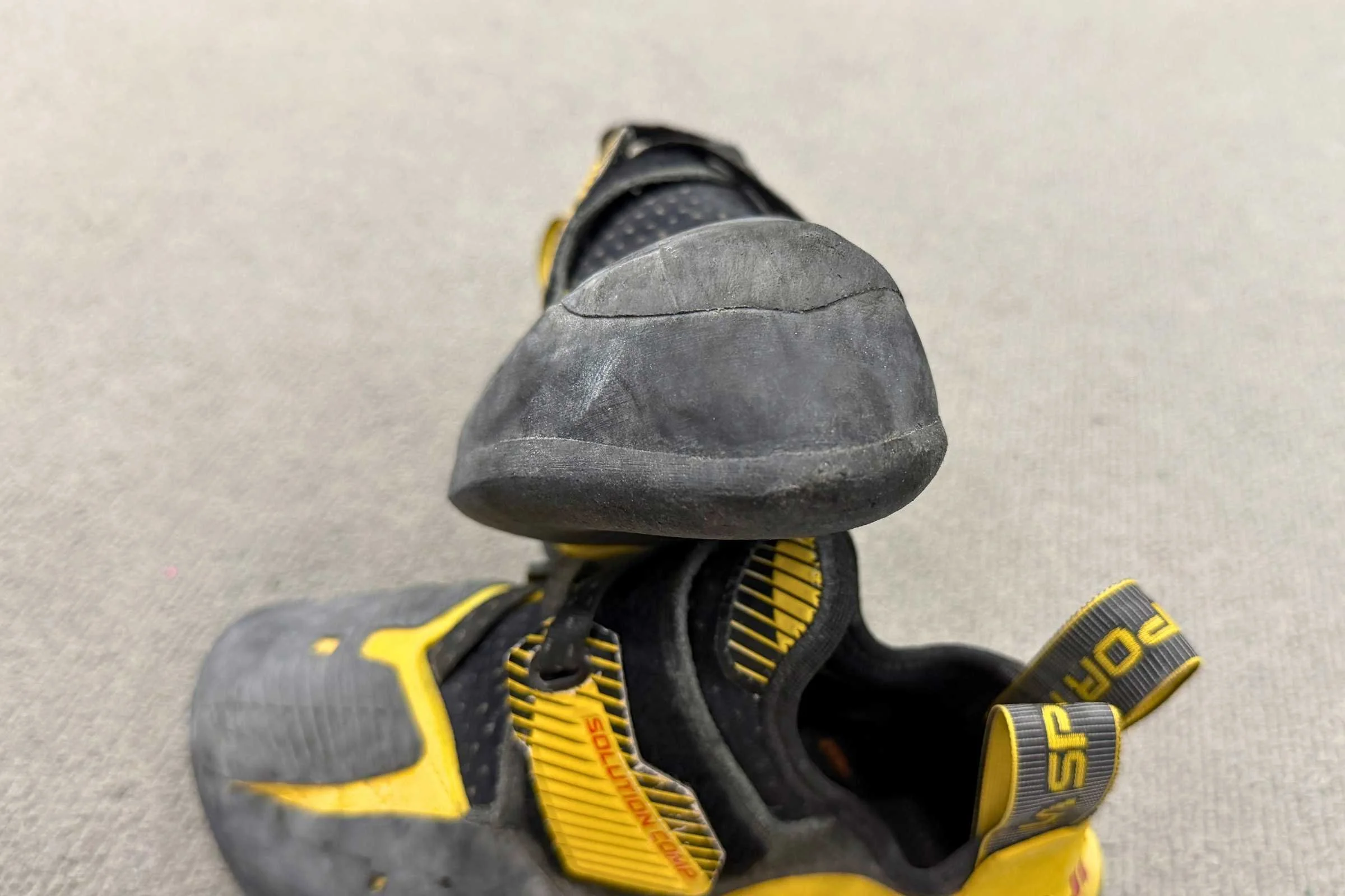 There’s still tons of rubber on the toes of the Solution Comps, even after a year of climbing.