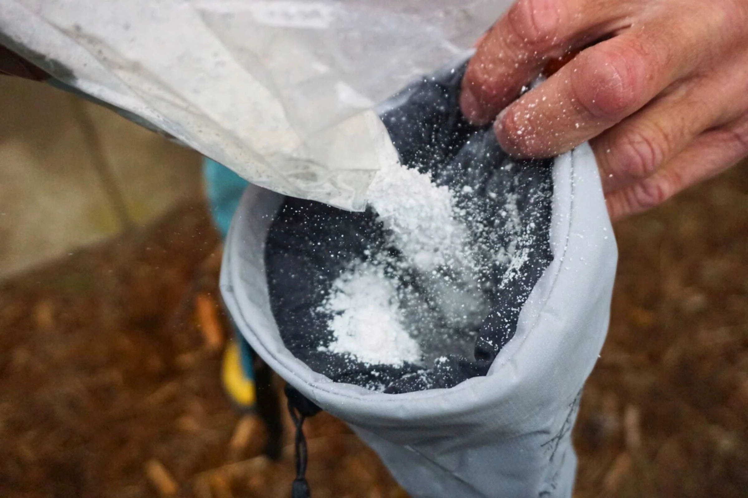 Filling a chalk bag