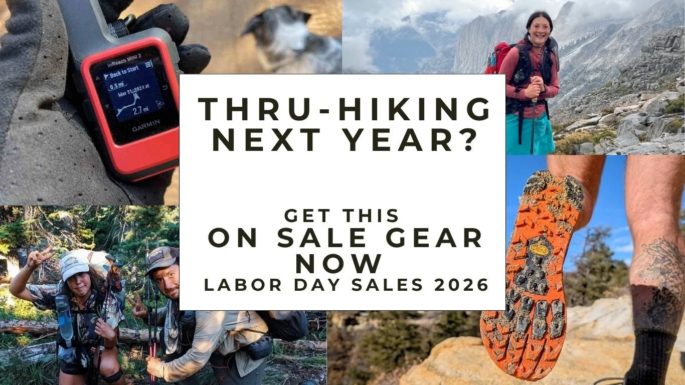 thru-hiking next year? get these 7 gear items on sale during rei's labor day sale (text) over collage of thru-hikers on mountains, a garmin inreach closeup, and altra lone peak close up