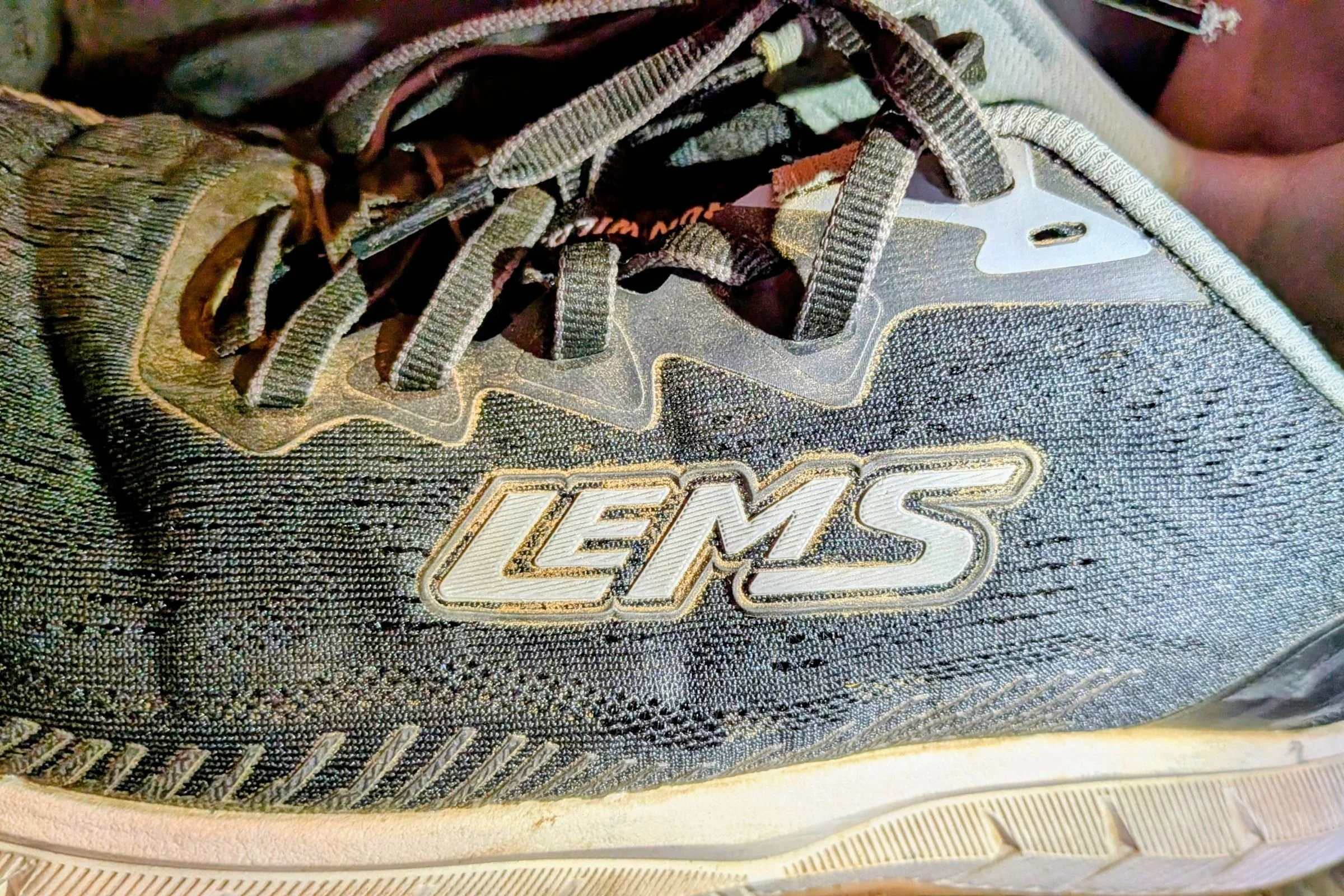 A closeup of the Lems ZENSPEED+ running shoes after 100+ miles of use.