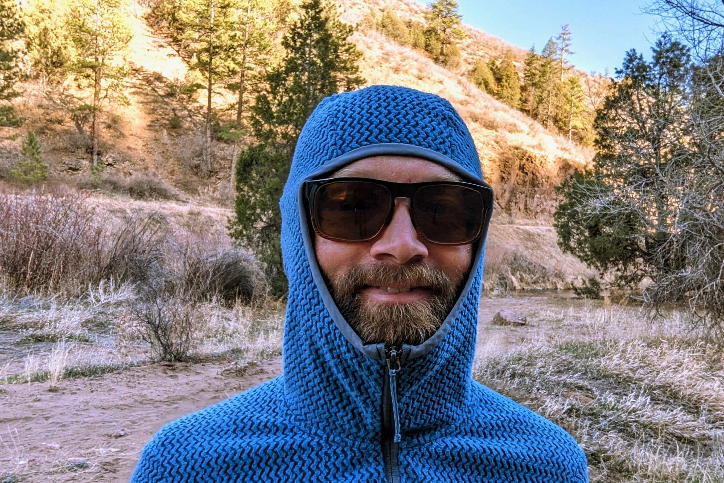 Man with the Patagonia R1 Air Full-Zip Hoodie hood up