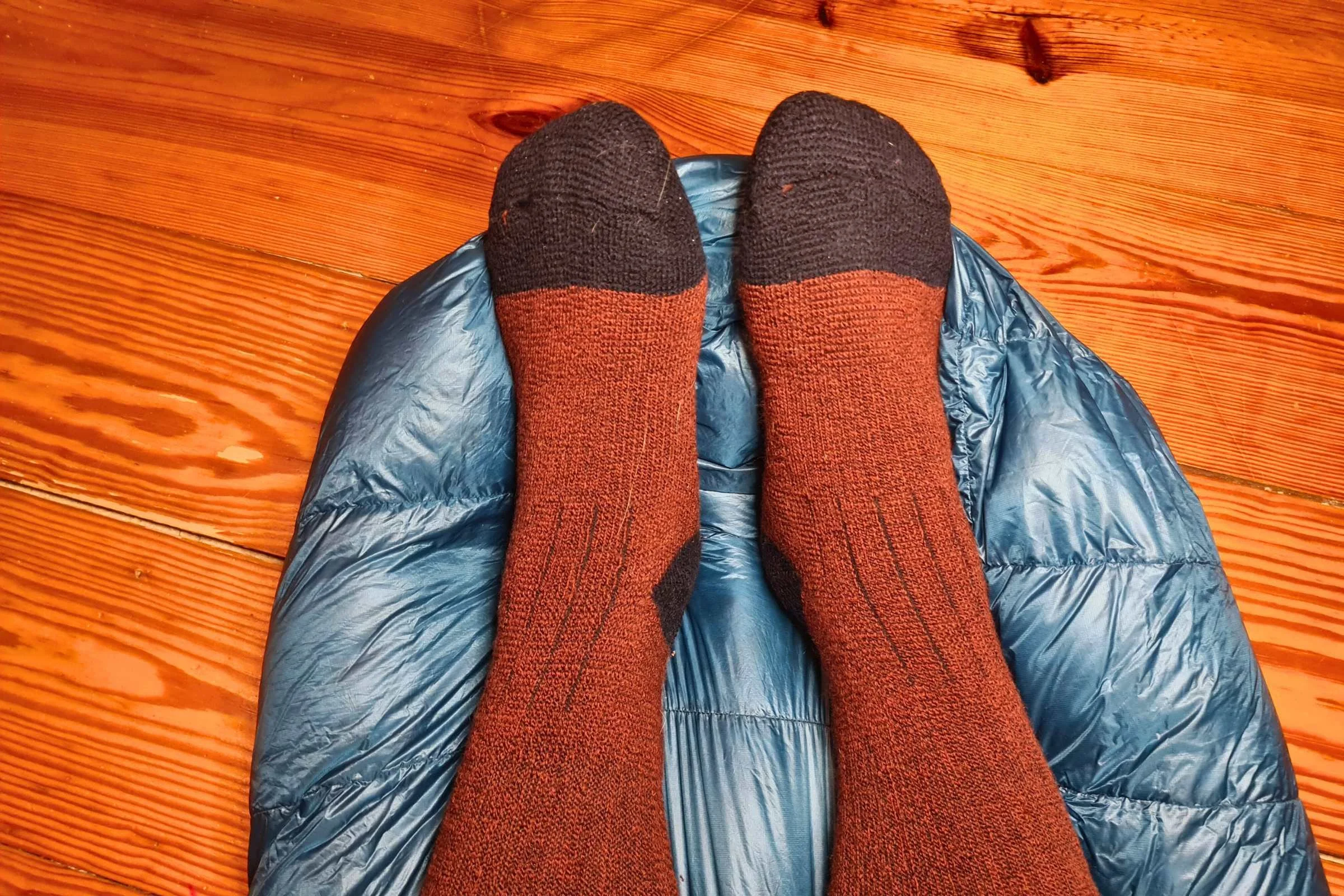 Lofted sleep socks on top of sleeping bag