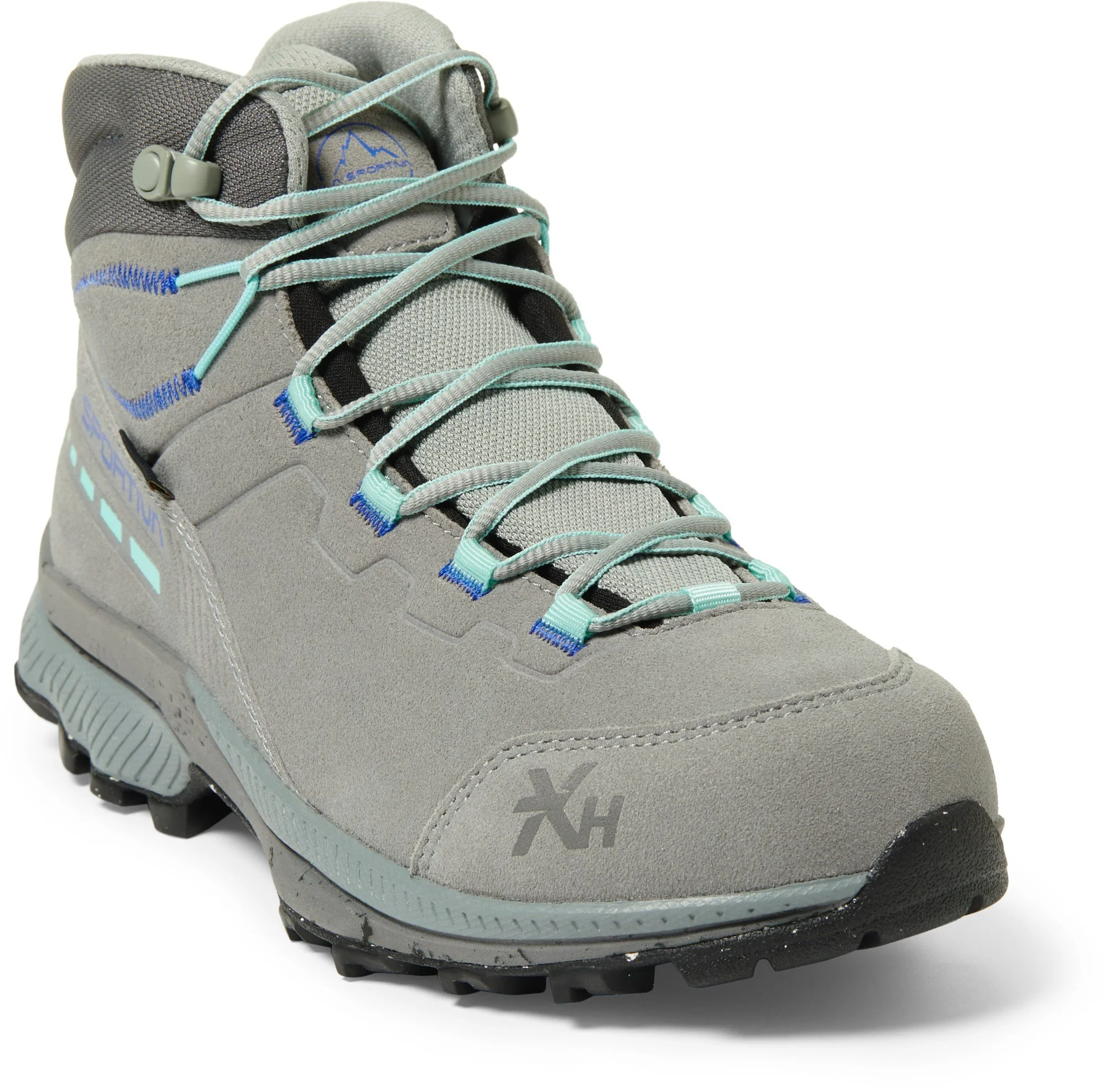 The women's La Sportiva TX  Hike Mid Leather GTX hiking boots in light grey with blue accents