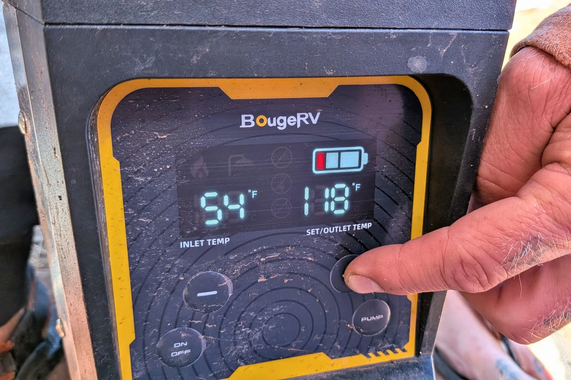 A closeup of the BougeRV digital control panel.