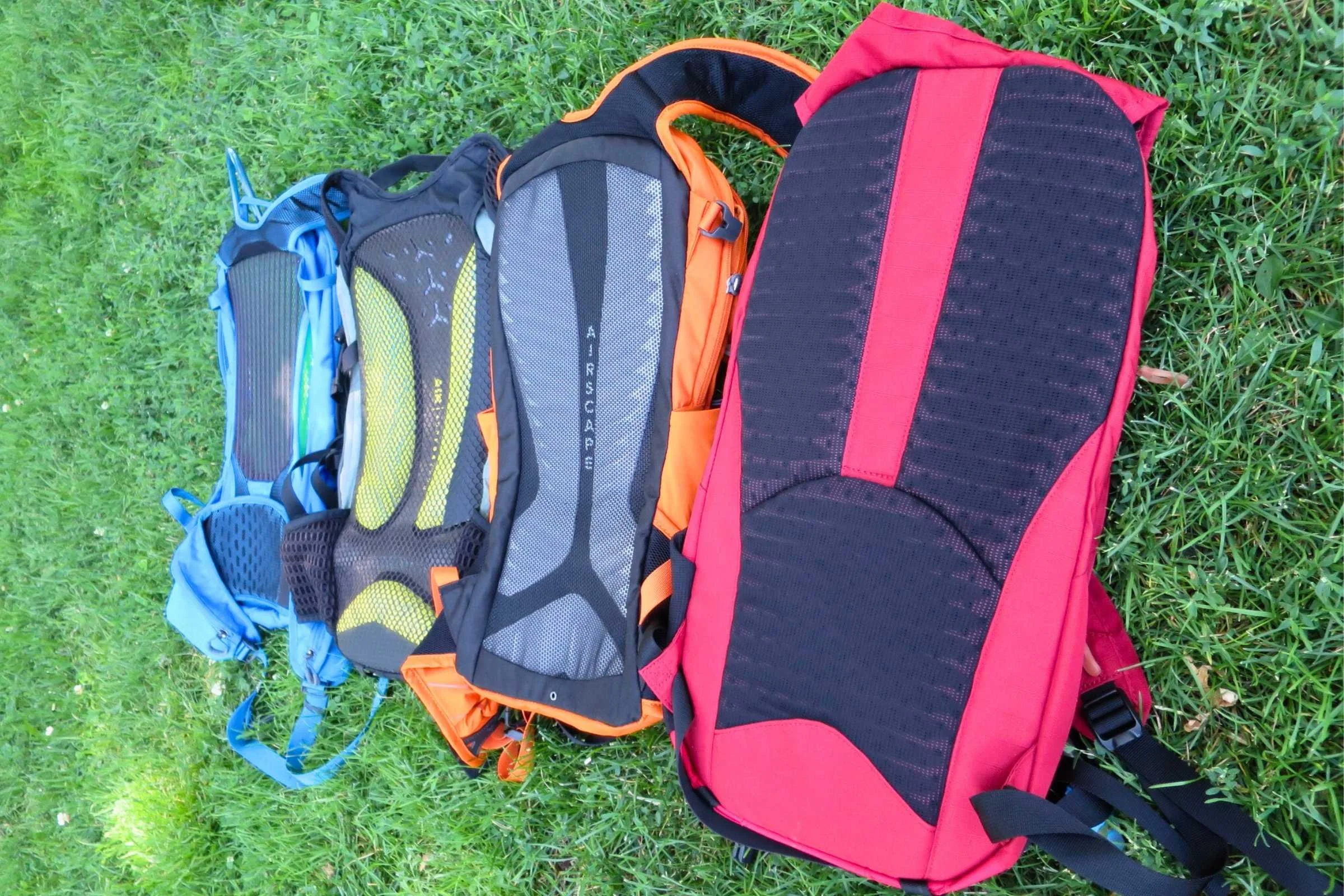 Level of ventilation on packs varied. All the packs on the left (Gregory Endo, CamelBak M.U.L.E. Pro and Osprey Raptor) suspend the pack off the back more than the Dakine Syncline on the right, offering greater ventilation for long days.