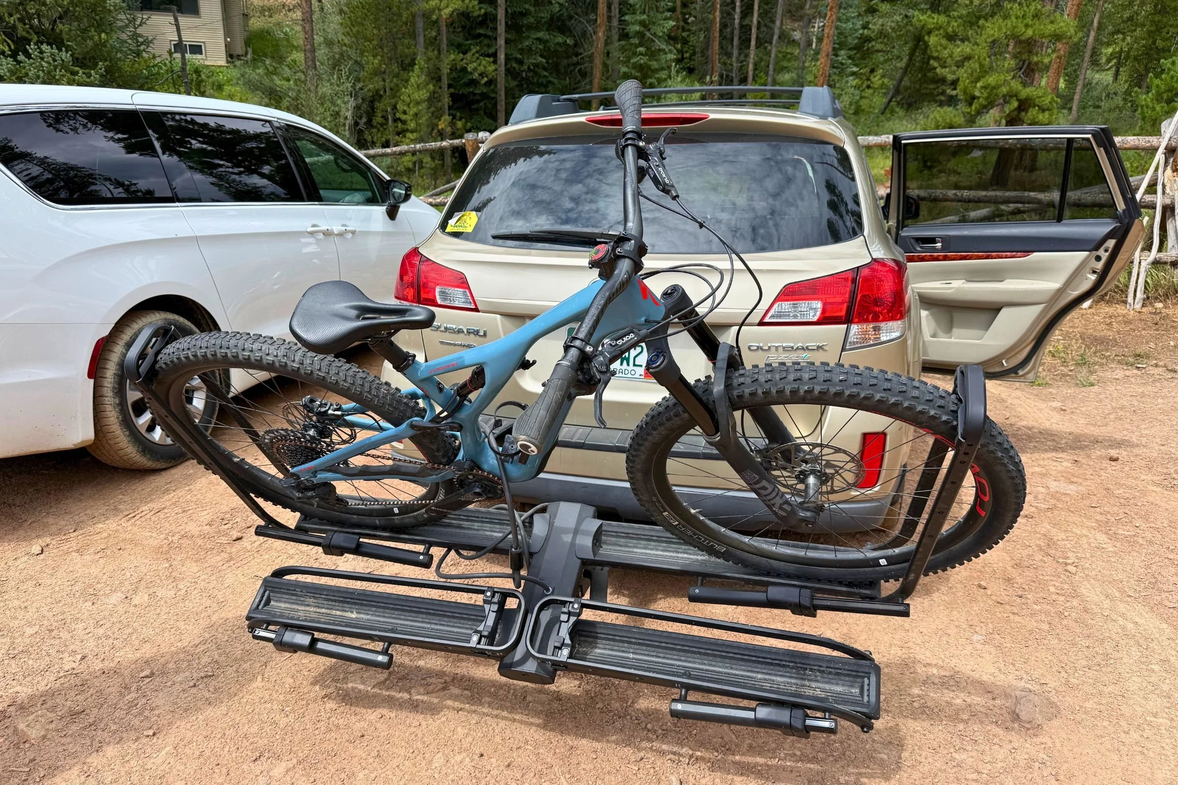 Kuat Piston Pro tilted down for rear-hatch access with bikes loaded