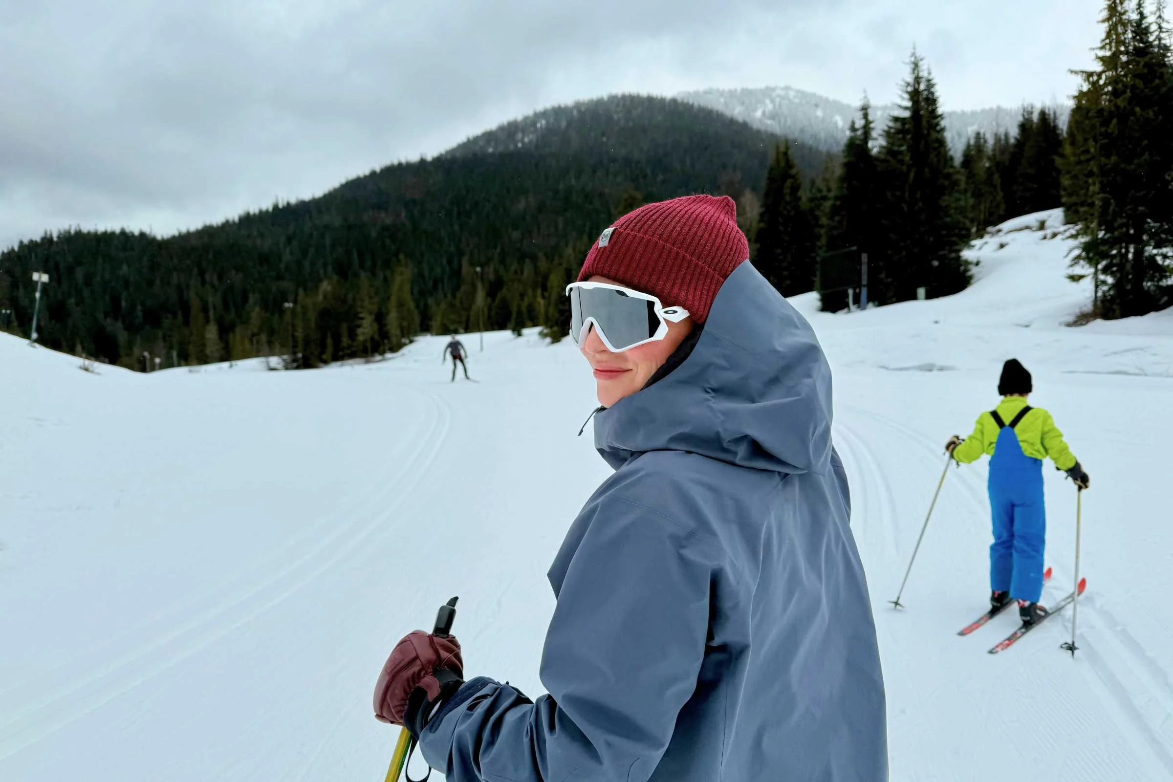 Testing the Beta SV on cross-country skis. It’s built for much harsher weather, but heavy, wet snow still gave us a good taste of what it can do.