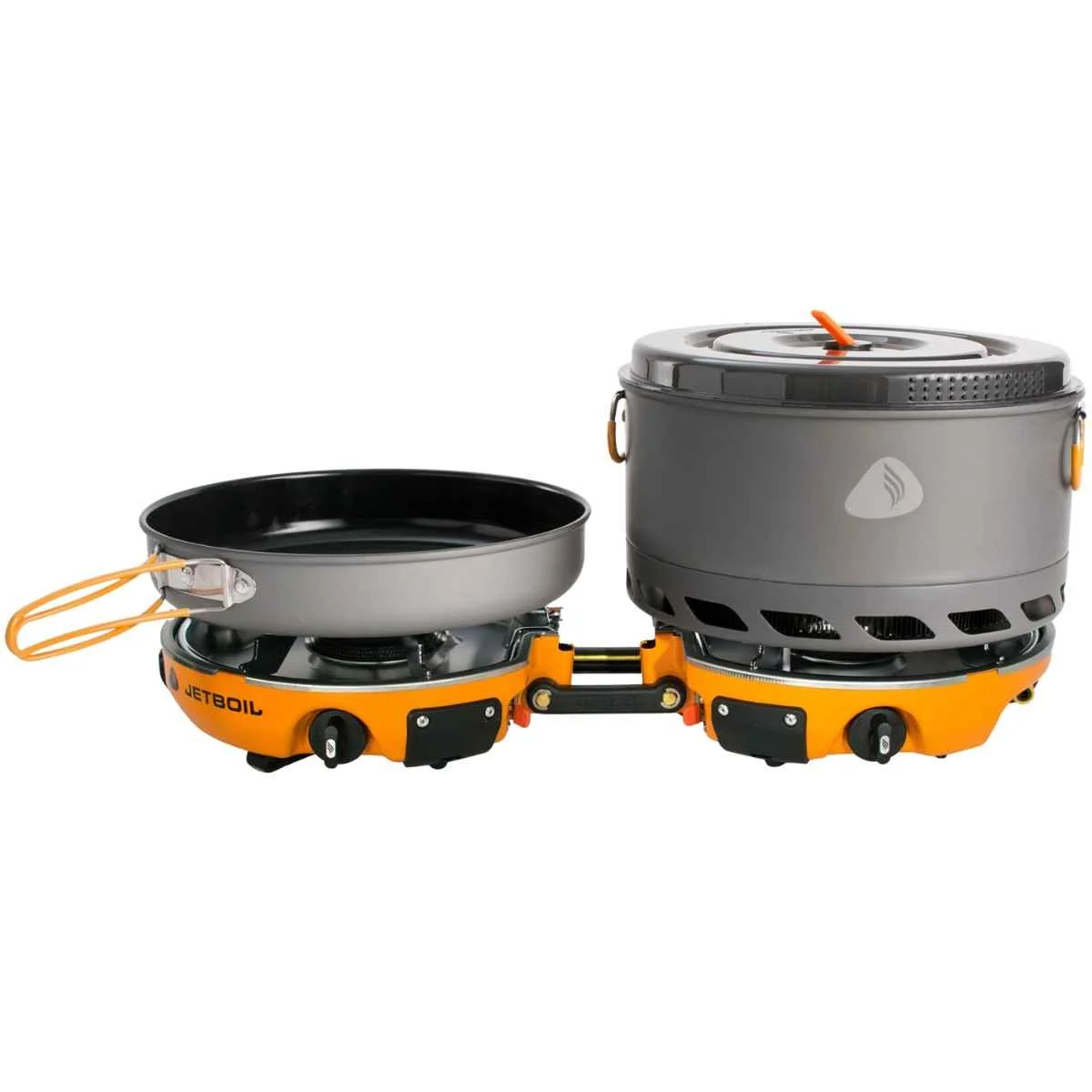 Jetboil Genesis Basecamp with a frying pan on the left burner and a boiling pot on the right burner.