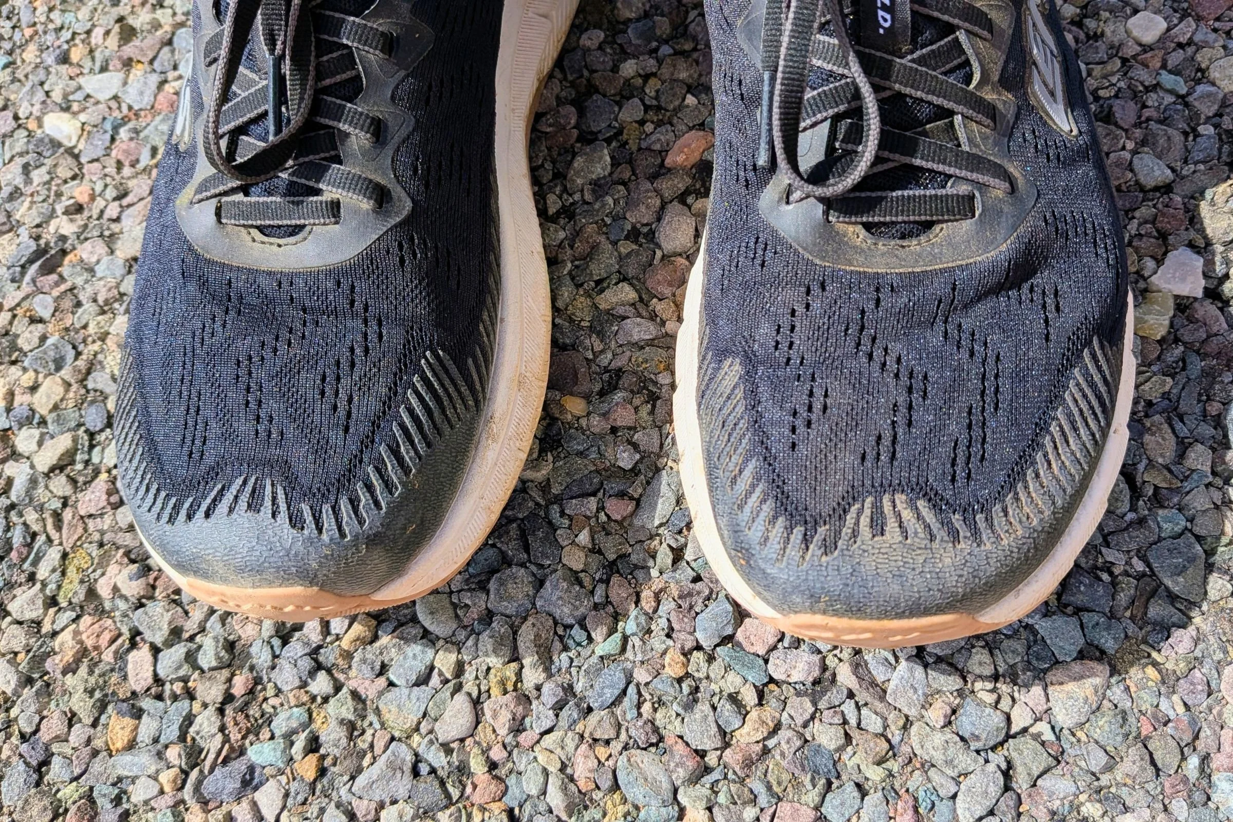 Pair of black Lems ZENSPEED+ shoes resting on a gravel road.